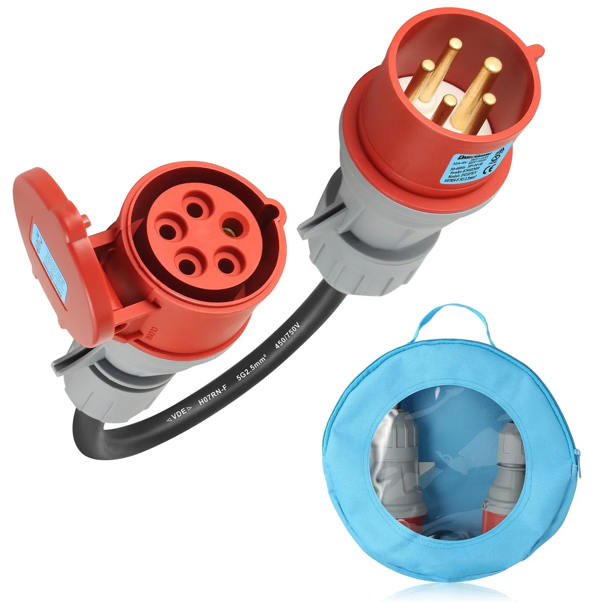 PA66-IP44 CEE Adapter 32A Stecker auf 16A Kupplung 5 Polig für EV Ladegerät, 3-Phasig 380V-415V Starkstrom Adapter für Elektroauto, H07RN-F 5G 2.5mm², EN60309 Semko Zulassung