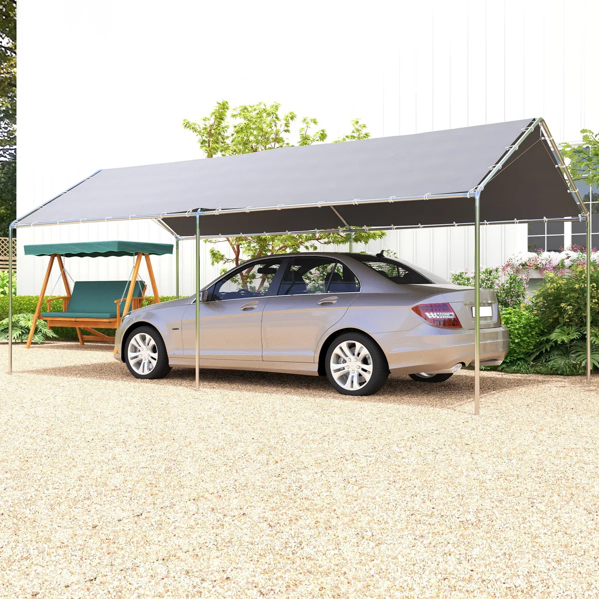 Outsunny Carport Vorzelt für Auto 6 x 3 m verzinkter Stahl Robustes Dach PE hohe Dichte grau