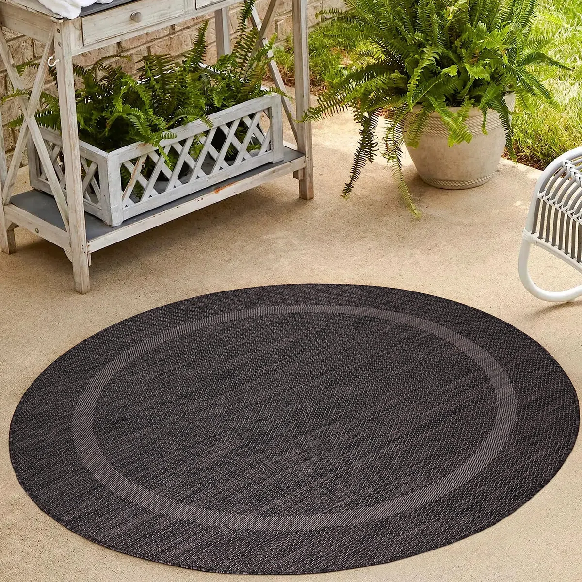 HomebyHome In & Outdoor Teppich Wetterfest Sisal Optik Schwarz 160 cm Rund - Balkon Teppich Wasserfest, Waschbar, Flachgewebe - Ideal für Küche, Camping, Garten und Terrasse