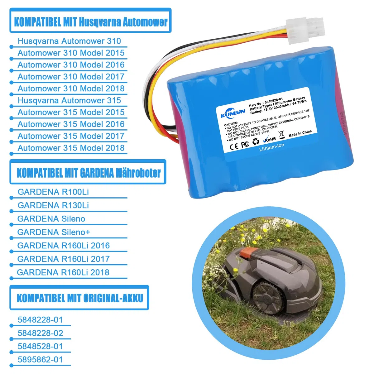 KUNLUN 18.5V 3500mAh Ersatzakku Li-ion für Husqvarna Automower 310,315,584 85 28-02, für Gardena Sileno R100Li,R130Li,R160Li, Mähroboter Akku für 5848228-01,5848228-02,5848528-01,5895862-01
