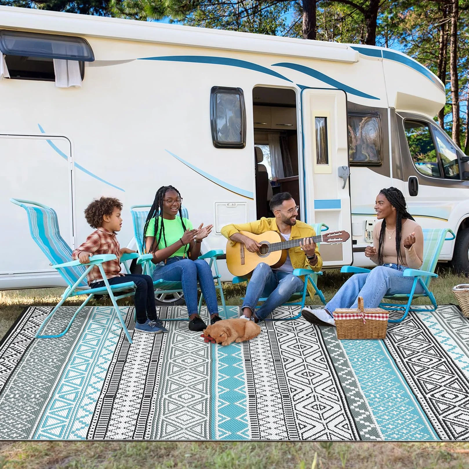 CAROMIO Outdoor Teppich Terrasse 120x240 cm, Wasserdicht. Kunststoffstroh-Teppich Camping, Umkehrbar. Indoor-Outdoor-Teppich Veranda, Terrassendeck, Garten, Balkon, Blau/Grau/Schwarz/Weiß