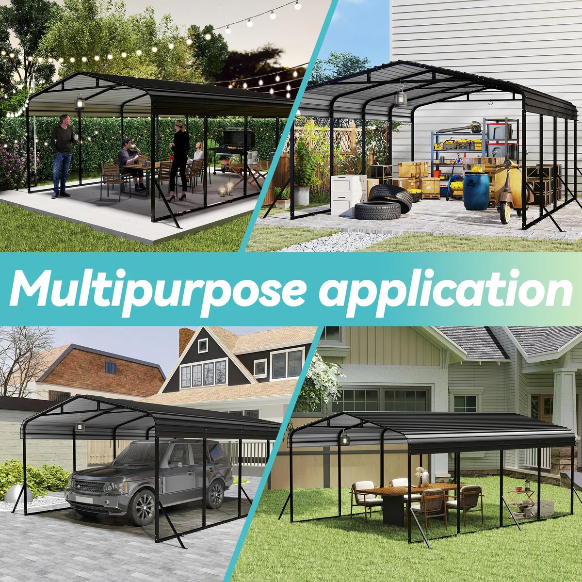 SUBTLETY Carport Aluminium 370x600 cm Fahrradgarage mit Farbige Stahlbleche Spitzdach Freistehender Shelter Winterfest UV-beständig Garagenzelt für PKW SUV Garten Outdoor