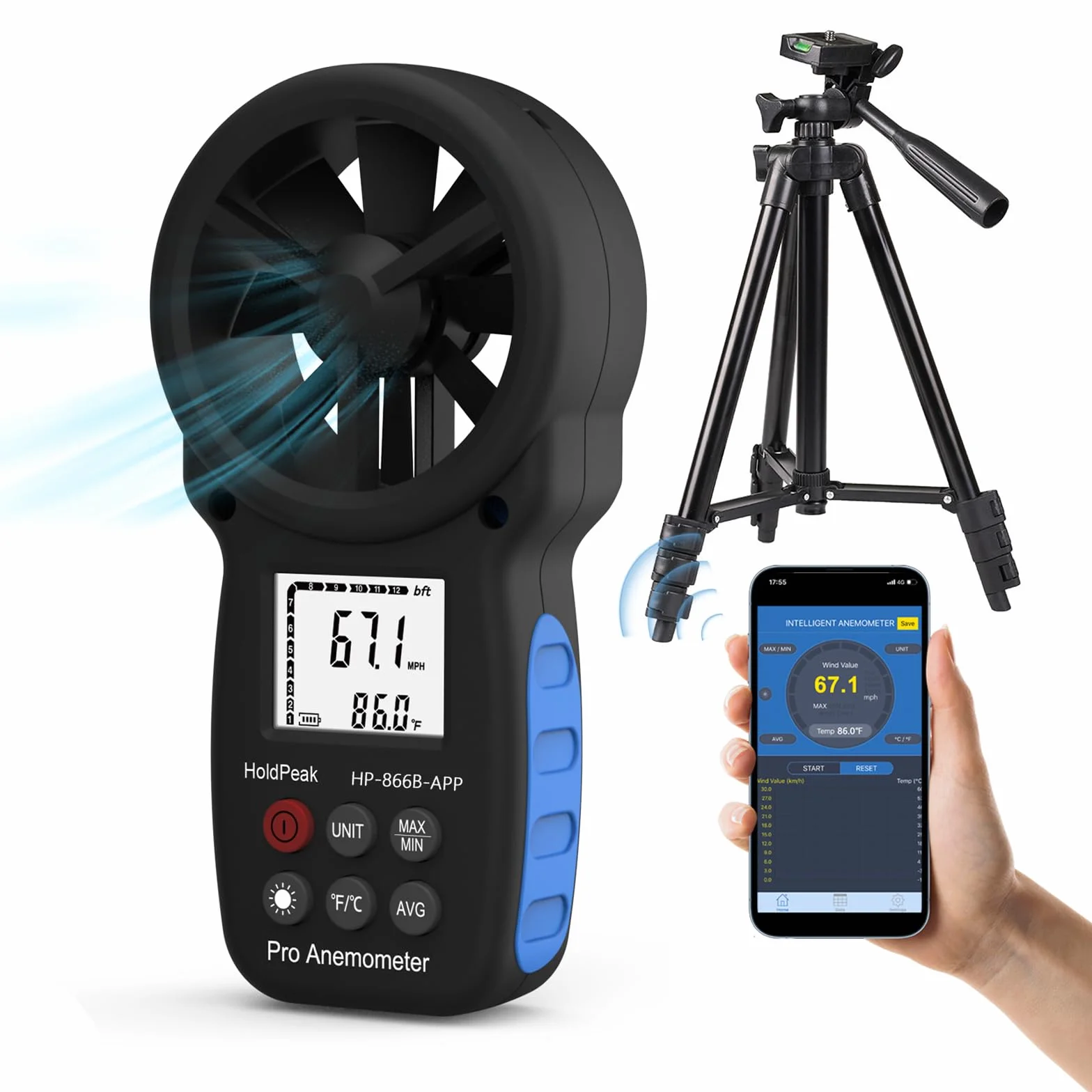 Bluetooth Digital Anemometer kabelloser Windmesser mit APP Windgeschwindigkeit Windtemperatur LCD-Hintergrundbeleuchtung