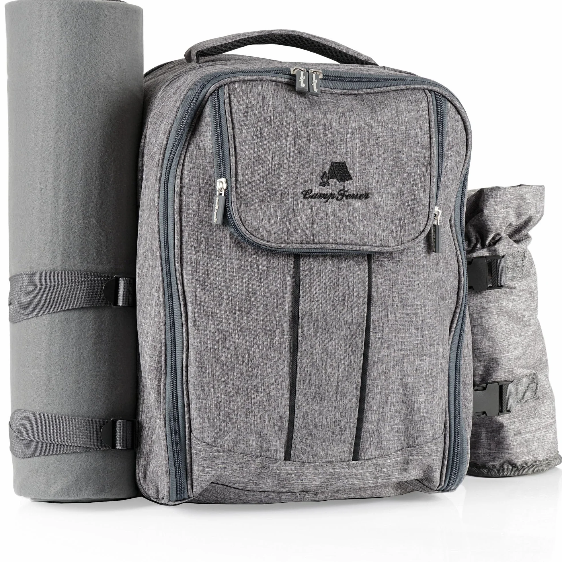 CampFeuer Picknickrucksack für 4 Personen | Grau | Picknickset 32-teilig | inkl. Flaschenhalter und Fleece Decke, großem Kühlfach, Geschirr und Besteck | Wanderrucksack, Campingrucksack