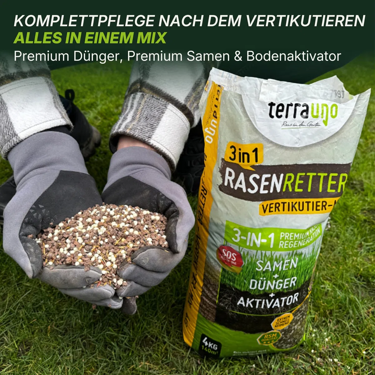 Terrauno - "Rasenretter" Vertikutiermix I 4 kg für 140 m² I Rasendünger, Rasensamen & Bodenaktivator I 3in1 Rasenreparaturmischung I Rasendünger Frühjahr mit Grassamen gegen kahle Stellen I Nachsaat