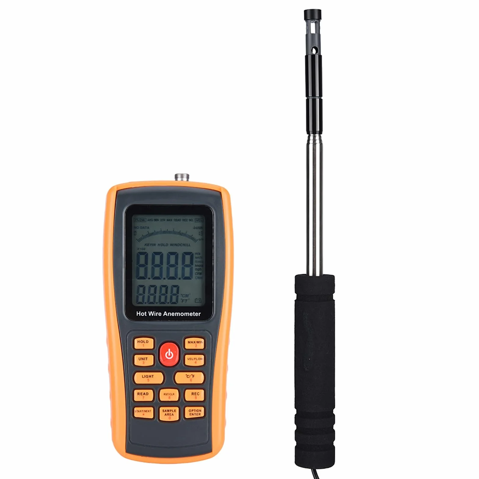 Tragbares Digitales Heißdraht-Anemometer, Windgeschwindigkeits- und Temperaturmessgerät, 500 Datenspeicher, LCD-Hintergrundbeleuchtung