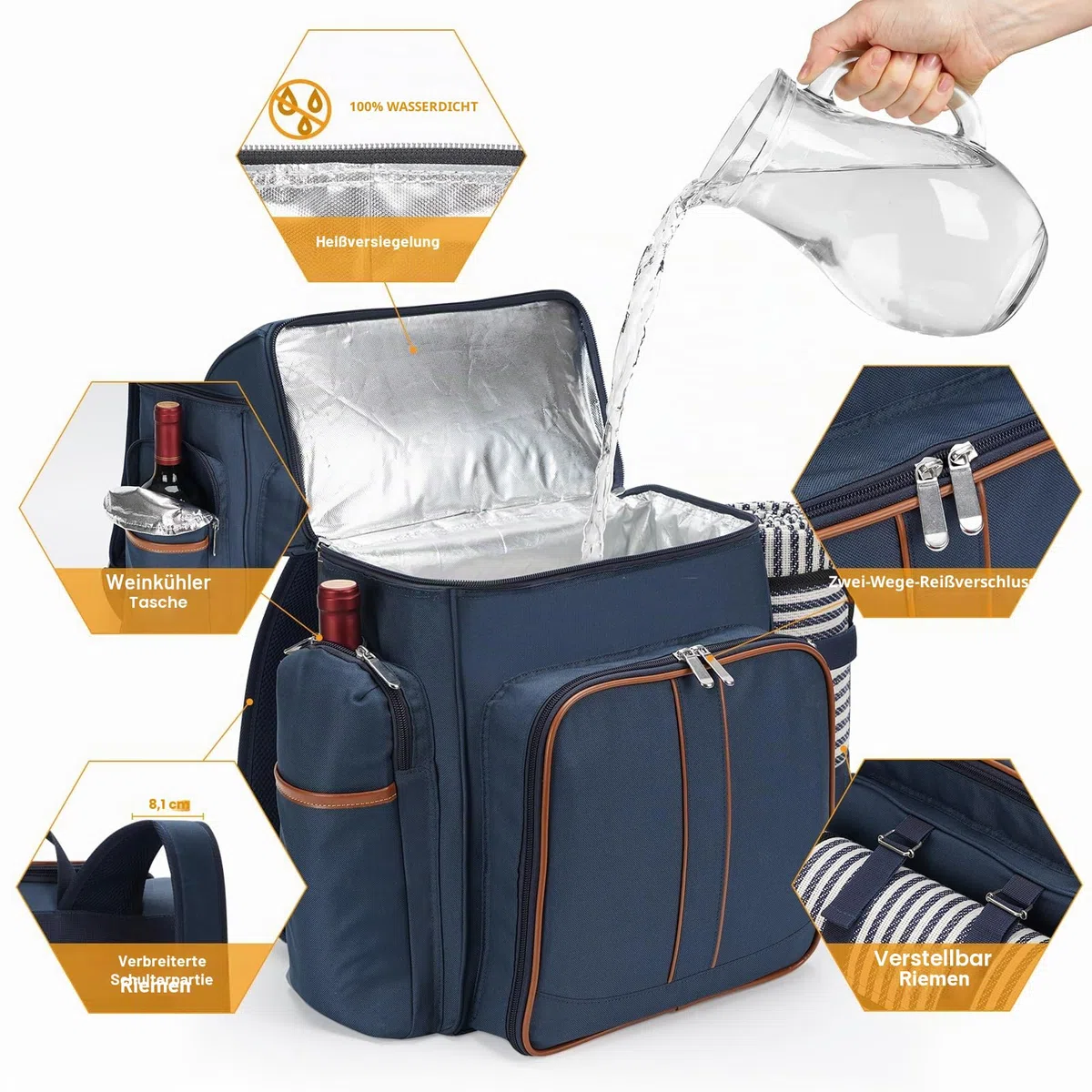 Picknick-Rucksack für 4 Personen, Picknickkorb-Set, auslaufsichere Picknicktasche, Strandkühlrucksack mit isolierter Kühltasche, Picknickdecke, Camping, Park