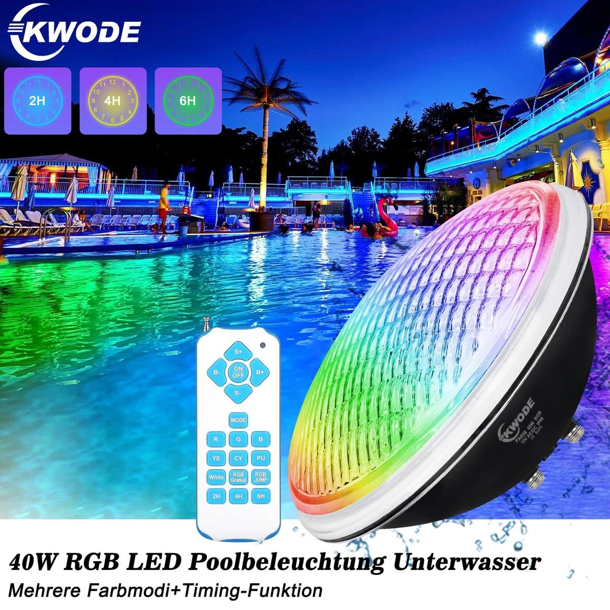 40W LED Poolbeleuchtung PAR56, RGB Poolscheinwerfer Timing 2/4/6H IP68 Wasserdichter Pool Lamp Unterwasser mit Fernbedienung, Unterwasserscheinwerfer 12V AC/DC