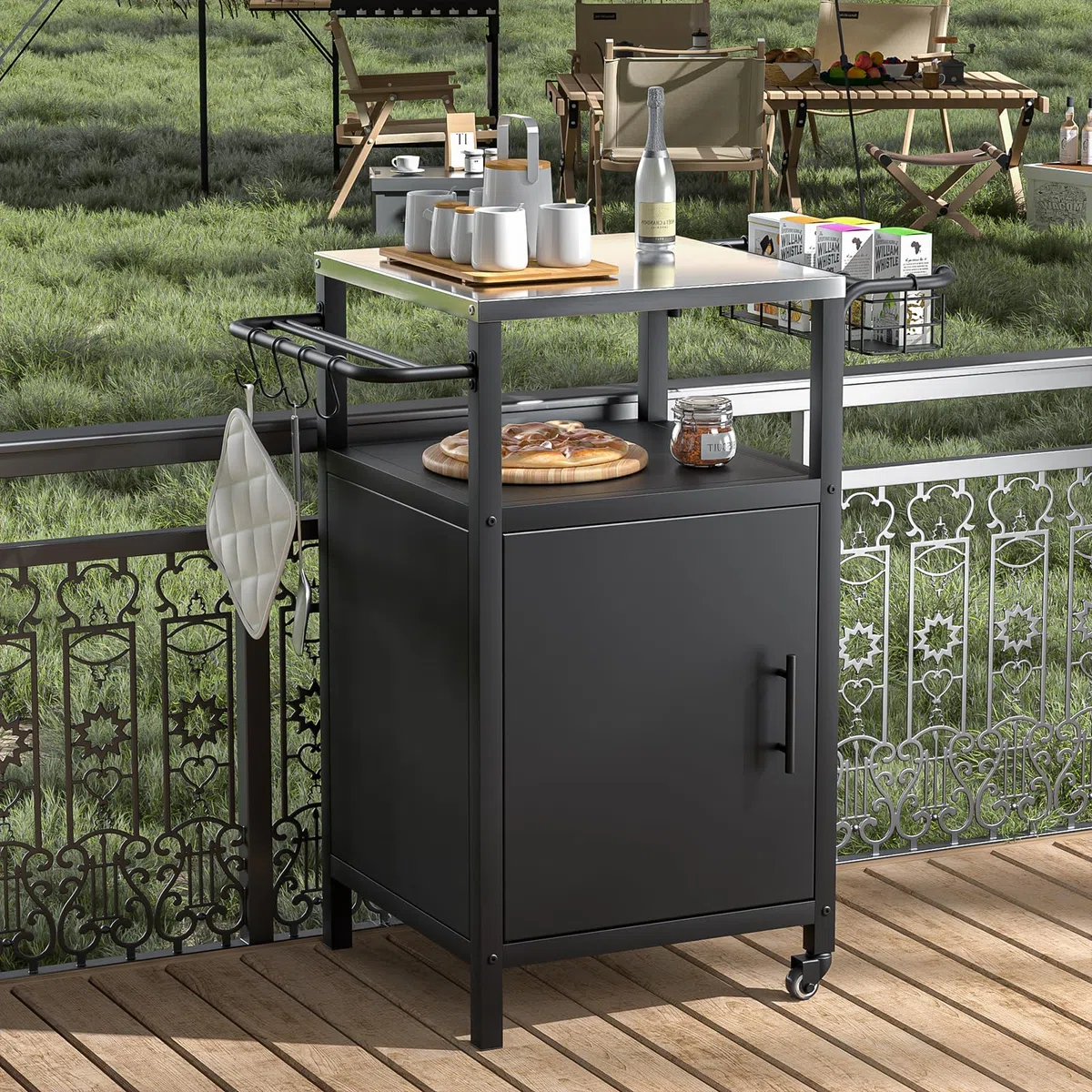 Grillwagen Grilltisch Outdoor Grill Trolley Küchenwagen, Edelstahl, wetterfest, mit Schrank und 2 Rollen für BBQ und Garten