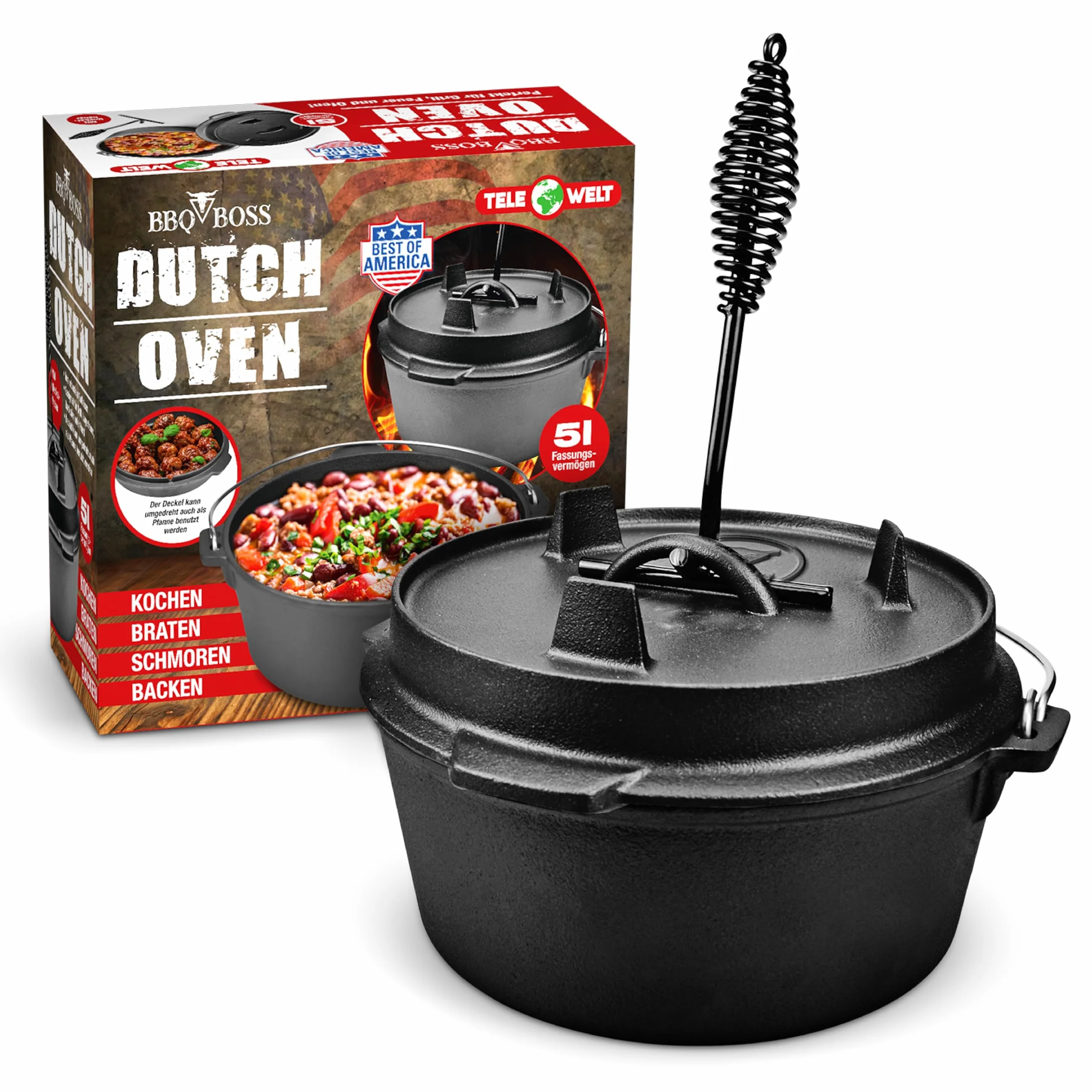BBQ BOSS Dutch Oven [5L Kapazität] Gusseisen – Topf – Schmortopf – cast iron – Feuertopf – Gulaschkessel – Mit Deckel