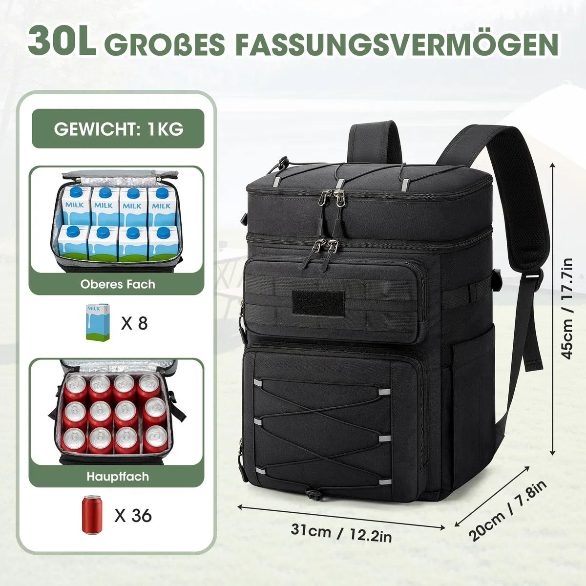 RAINSMORE Kühlrucksack 30L Auslaufsicher Groß Thermo Kühltasche Rucksack Doppeldeck Isolierter Picknickrucksack für Familie Outdoor BBQ Schwarz