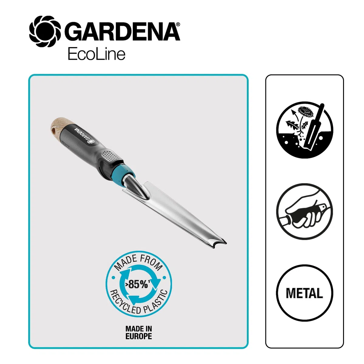 Gardena Comfort Grasschere, drehbar & EcoLine Unkrautstecher: Zum einfachen Entfernen von Unkraut ohne Chemikalien, ergonomischer Griff, beschichtetes Metall, aus recycelten Materialien (17702-20)