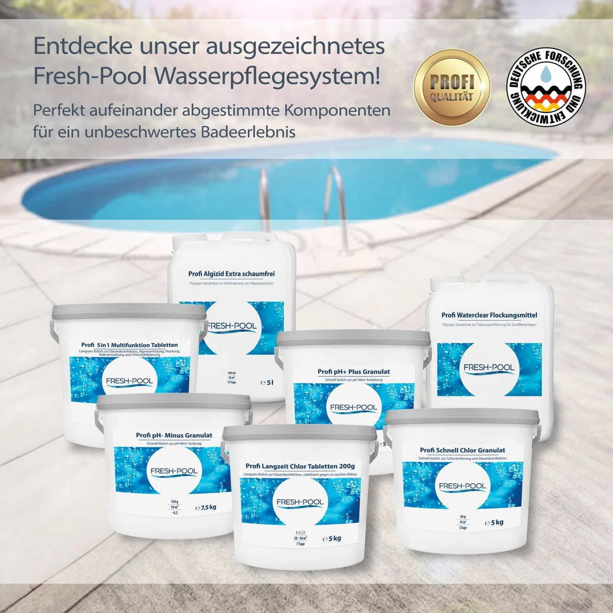 Fresh-Pool Profi 5in1 Multifunktion Tabletten 200g 5 kg - Chlortabletten für Pool mit Algizid und Flockung | Multifunktionstabletten Pool | Multitabs 5 in 1 200g | Chlortabs/Multitabs Pool 200g