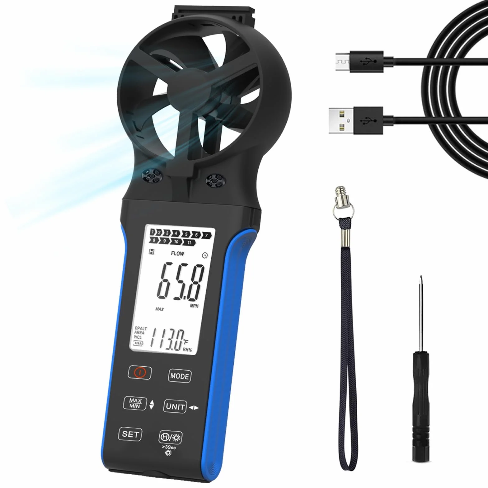 Digital Anemometer CFM CMM CMS Luftstrom-Geschwindigkeitsmesser LCD Hintergrundbeleuchtet Windgeschwindigkeit Windtemperatur HLK Windmesser 270° drehbarer Sensor