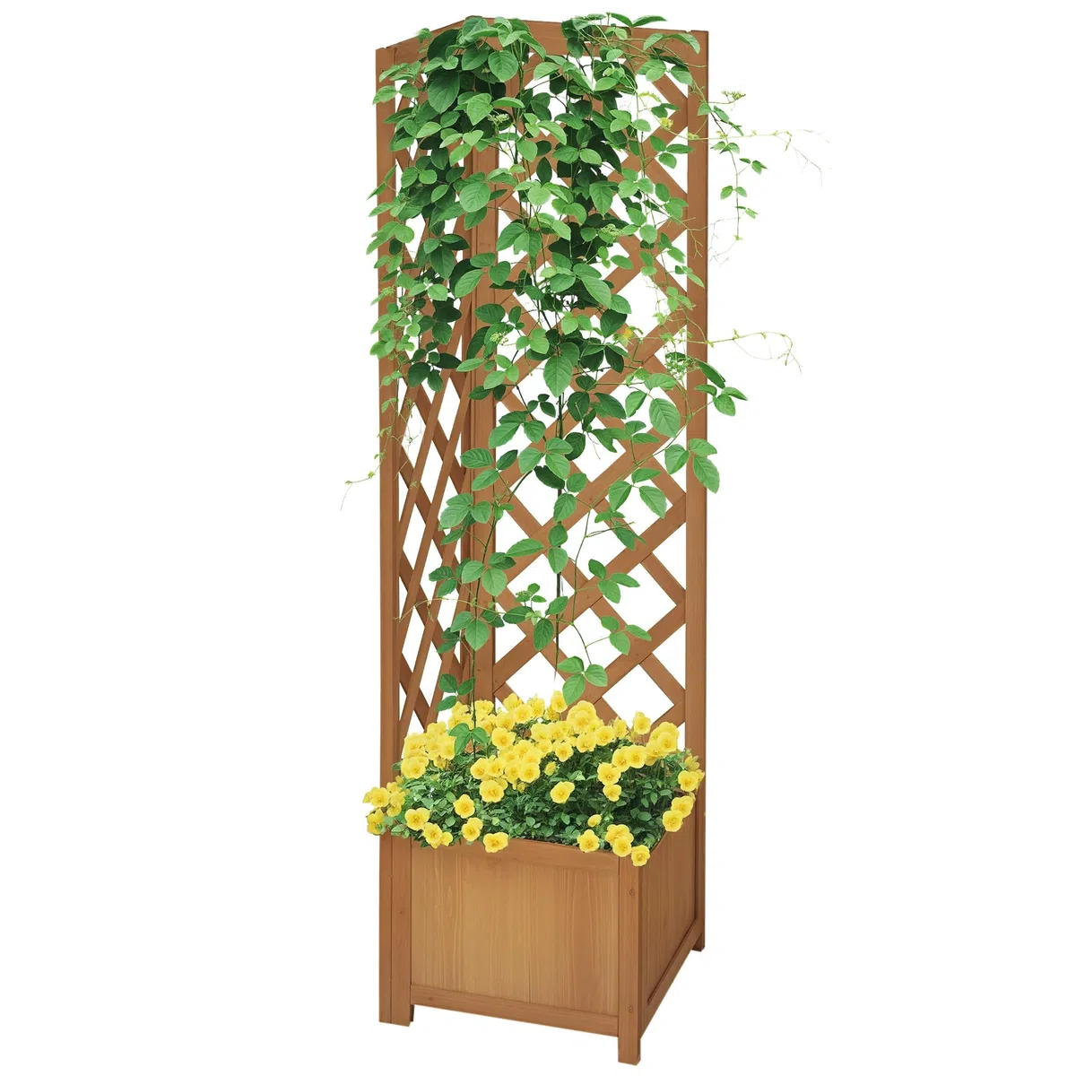 Outsunny Blumenkasten für den Garten mit Hohlboden aus Tannenholz, braun, mit Rankgitter für Kletterpflanzen und Dekorationen, 40 x 40 x 145 cm