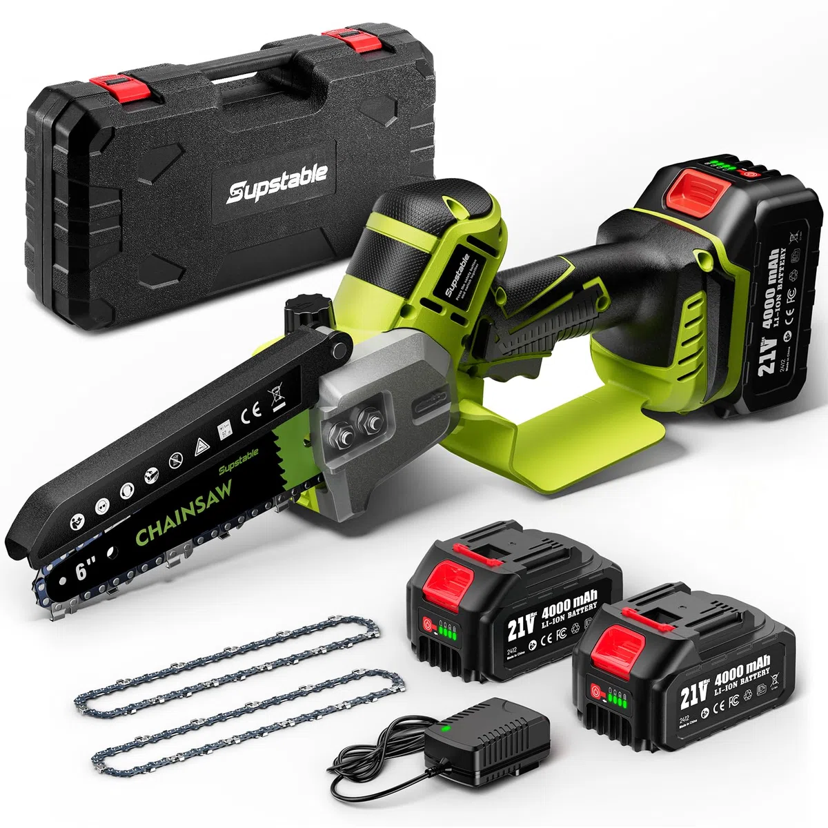Supstable Mini Kettensäge mit Akku 6 Zoll, 8000 mAh Astsäge mit Automatischem Öler, 800W Bürstenloser Motor, 2 Akkus, 2 Ersatzketten und Ladegerät, Einhand Akkusäge für Garten & Baum