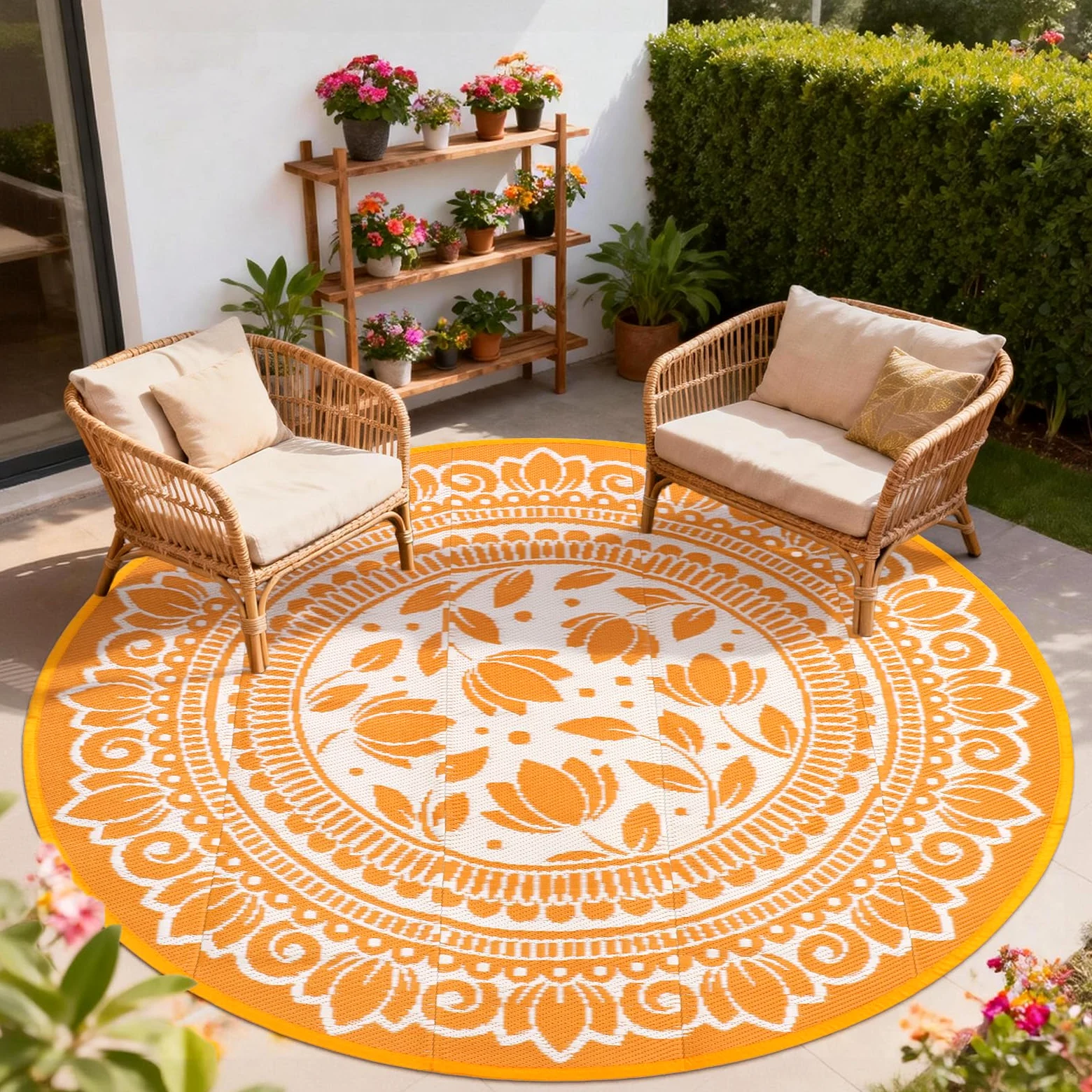 Outdoor Teppich Rund Schwarz 180 cm, Boho Wetterfest Wendbarer Outdoorteppich, Kunststoff Terrassenteppich, UV-beständige Balkon Teppich für RV Camping Deck Patio Strand Garten Picknick Orange