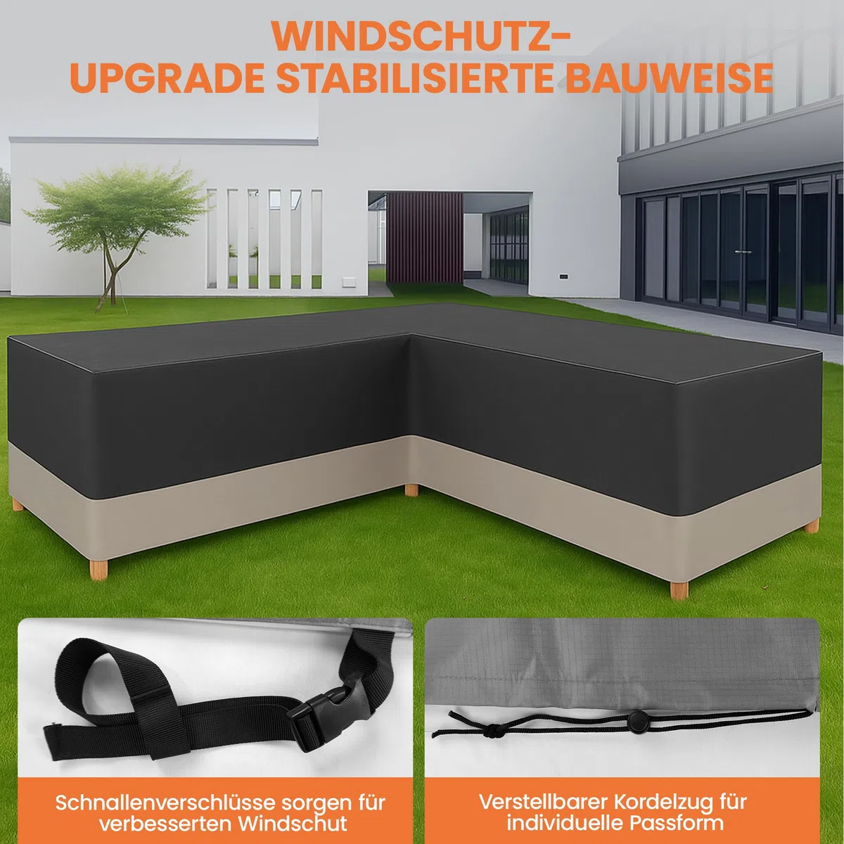 Gartenmöbel Abdeckung L-Form,Schutzhülle für Gartenmöbel,420D Oxford Gewebe Wasserdicht Winddicht Ecksofa Abdeckplane ,Möbbelsets Schutzhülle für Sofa, Loungemöbel 255x255x70CM