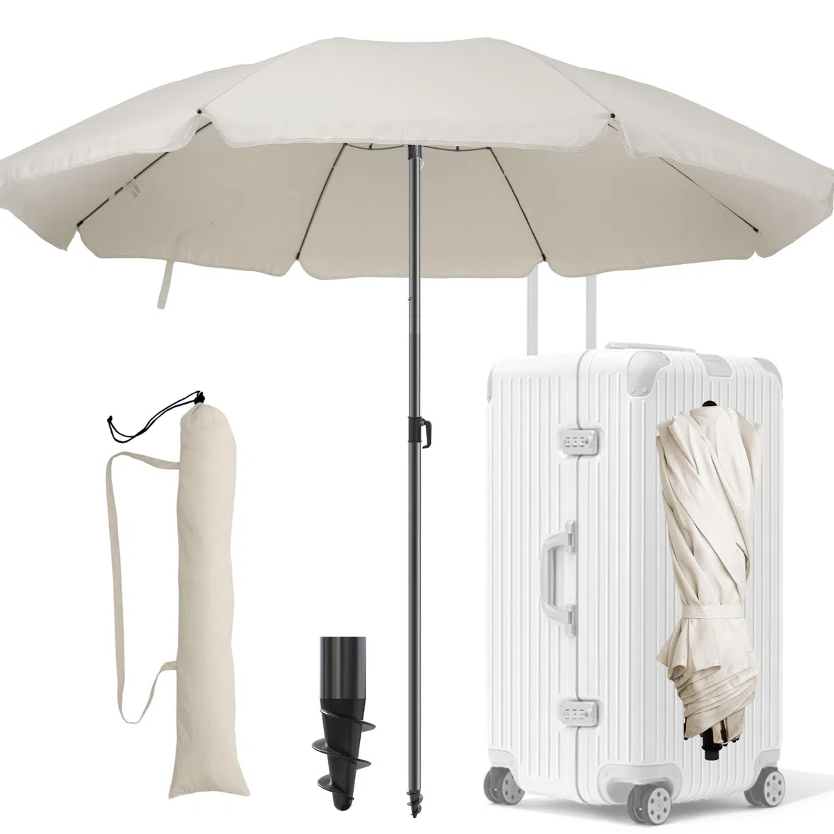 Menz Sonnenschirm Strand Ø 160 cm - Funktioneller Reise Sonnenschirm UPF 50+ für Koffer - Praktischer Strandschirm klein faltbar, kompakter Strandschirm koffertauglich