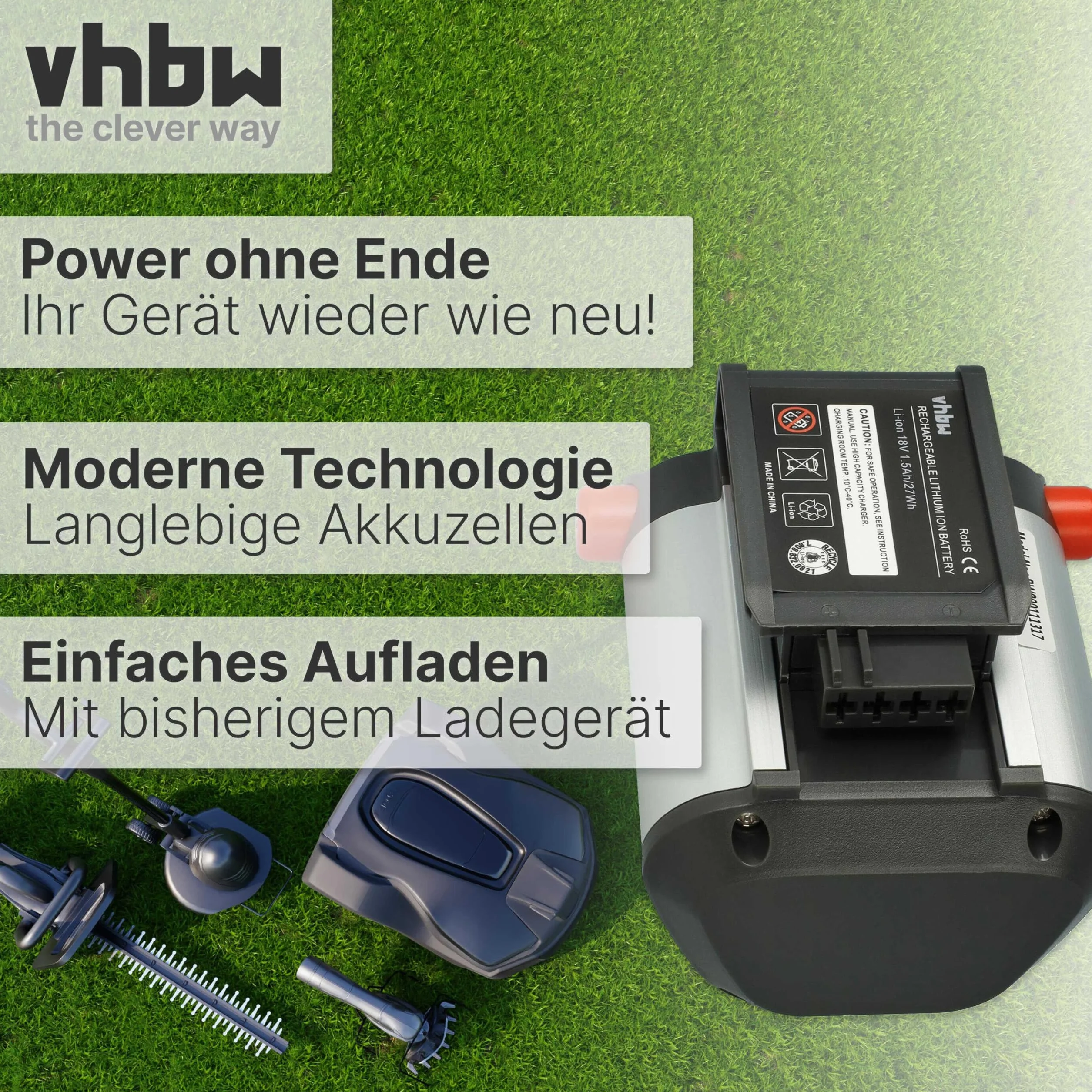 vhbw Akku kompatibel mit Gardena Akku-Rasenmäher PowerMax Li-18/32 & Allround Bläser AccuJet Li-18 Ersatz für BLi-18 (9840-20, 9839-20) - (Li-Ion, 1500mAh, 18V)