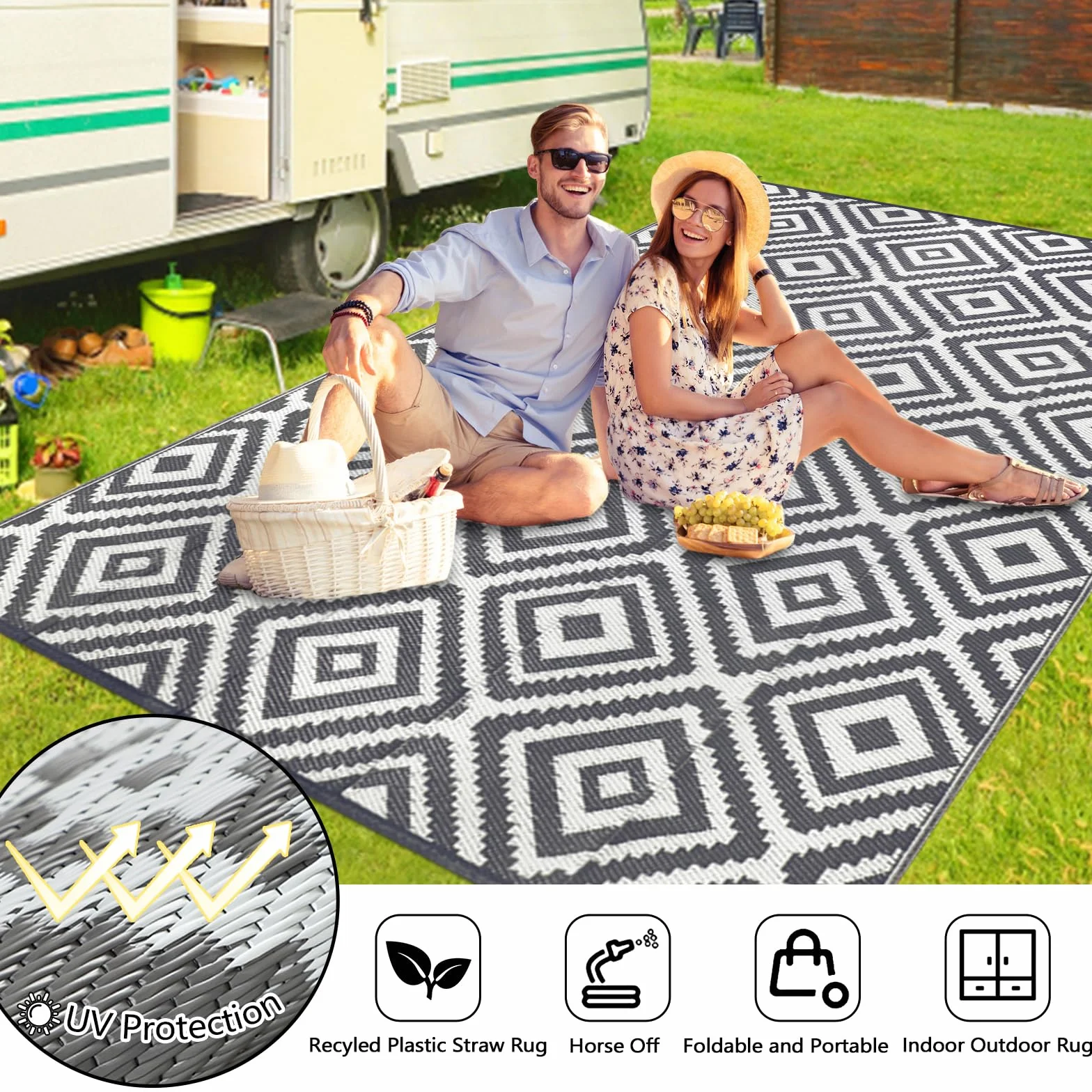 Famibay Outdoor Teppich Wetterfest Outdoor Teppich Balkon Camping Wasserfest Grau Kunststoff Wendbar Leicht Outdoorteppich für Terrasse Garten Balkon Camping Innen Außen