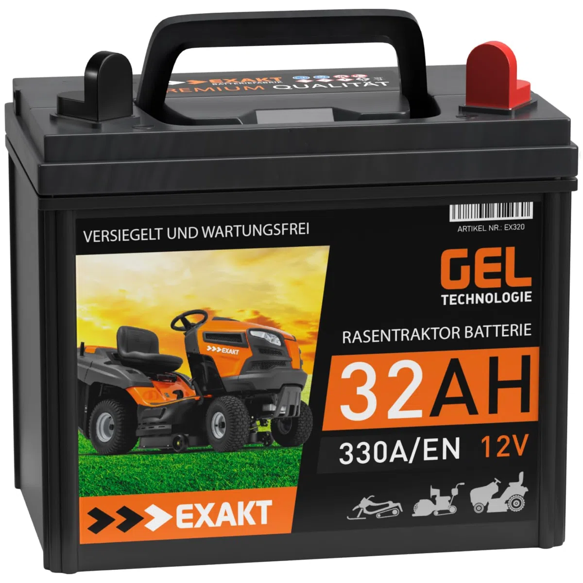 EXAKT Rasentraktor Batterie 12V 32Ah GEL Batterie Plus Pol Rechts Aufsitzmäher Rasenmäher Starterbatterie ersetzt AGM 24Ah 26Ah 28Ah 30Ah