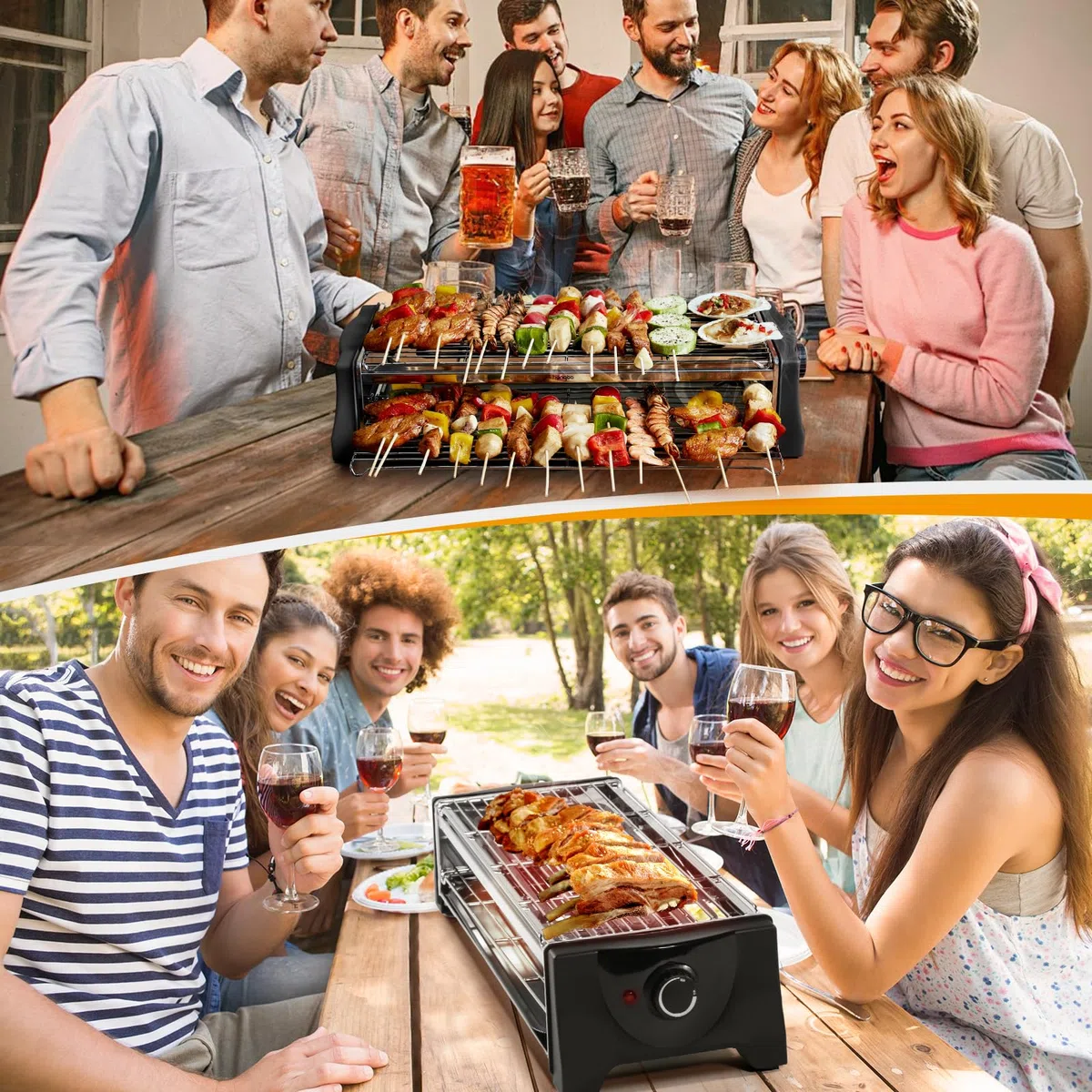 Tischgrill Elektrisch, Elektrogrill Doppelschicht, 2200W Elektro Grill Smokeless BBQ Grill für Balkon Indoor Party, Grillnetz aus Edelstahl, Schwarz