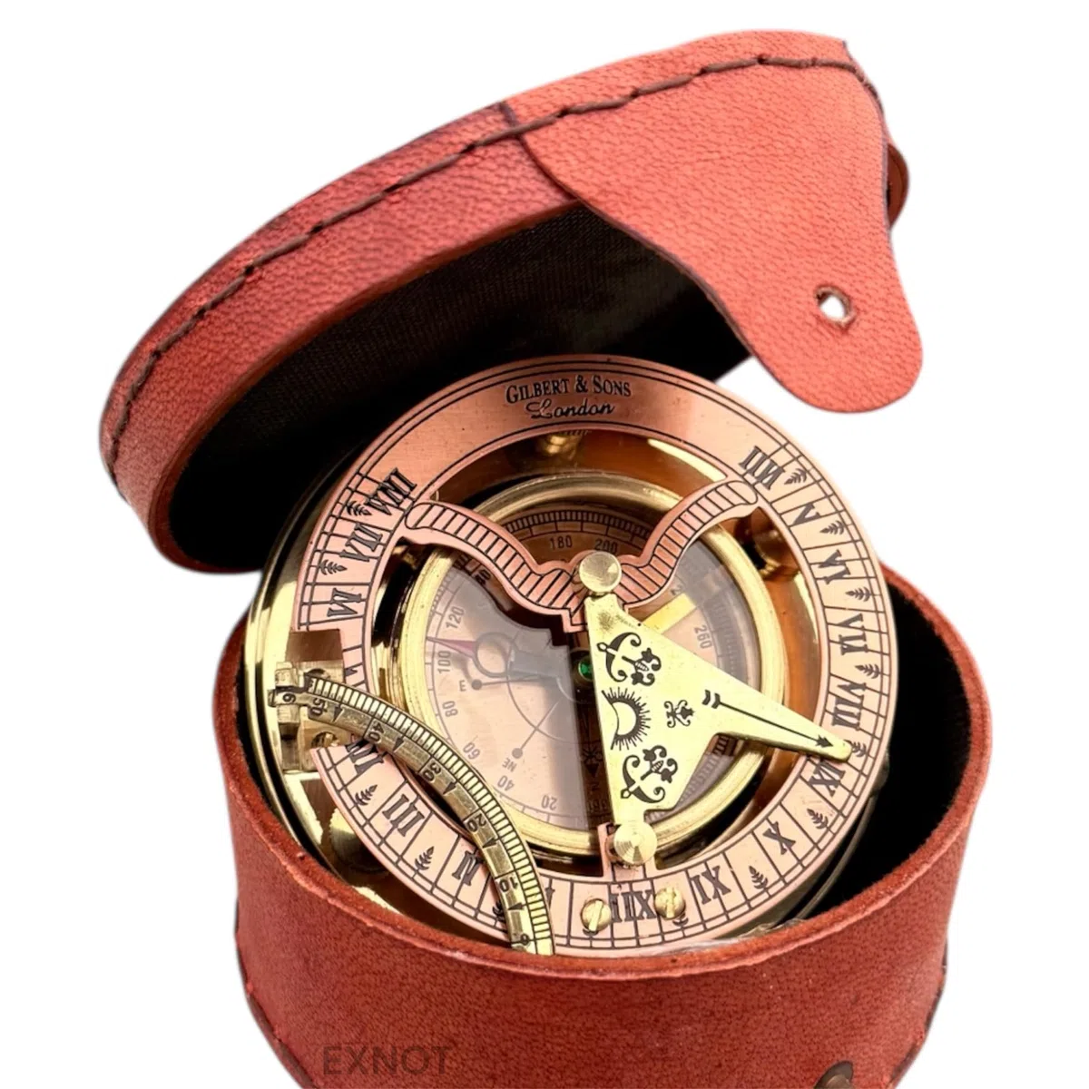 Vintage-Sonnenuhr-Kompass aus Messing mit Kupfer-Zifferblatt im Lederetui, Steampunk, Vintage-Kompass, Kupfer-Sonnenuhr in Box, Geschenke für Jahrestag und besondere Anlässe