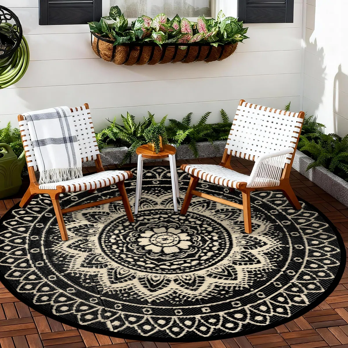 Outdoor Teppich Rund Wetterfest Wendbarer Außenteppich Kunststoff Bodenmatte Terrassenteppich Picknickdecke UV-beständige Teppich für RV Camping BBQ Patio Deck Balkon Strand, 180cm Schwarz/Braun