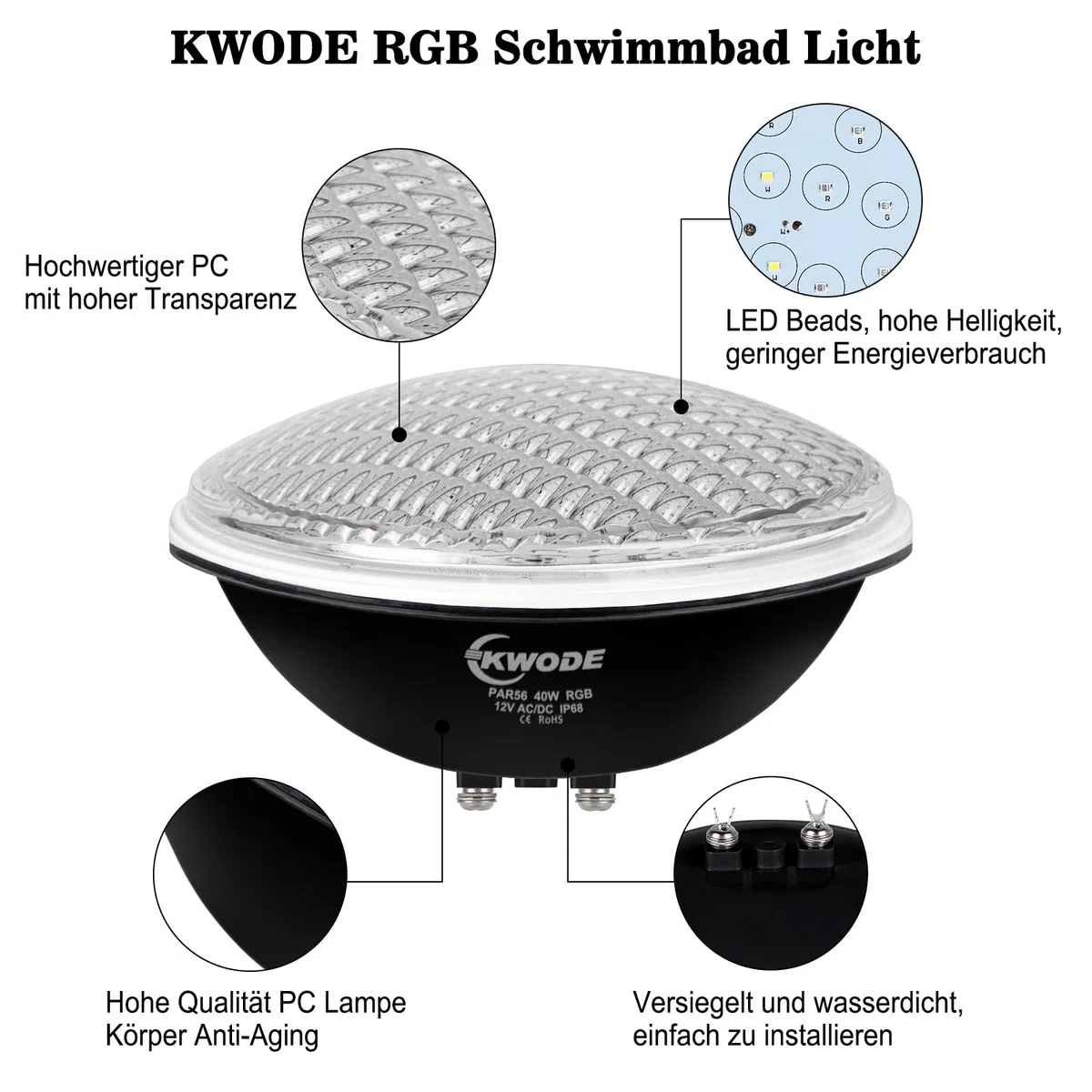 40W LED Poolbeleuchtung PAR56, RGB Poolscheinwerfer Timing 2/4/6H IP68 Wasserdichter Pool Lamp Unterwasser mit Fernbedienung, Unterwasserscheinwerfer 12V AC/DC