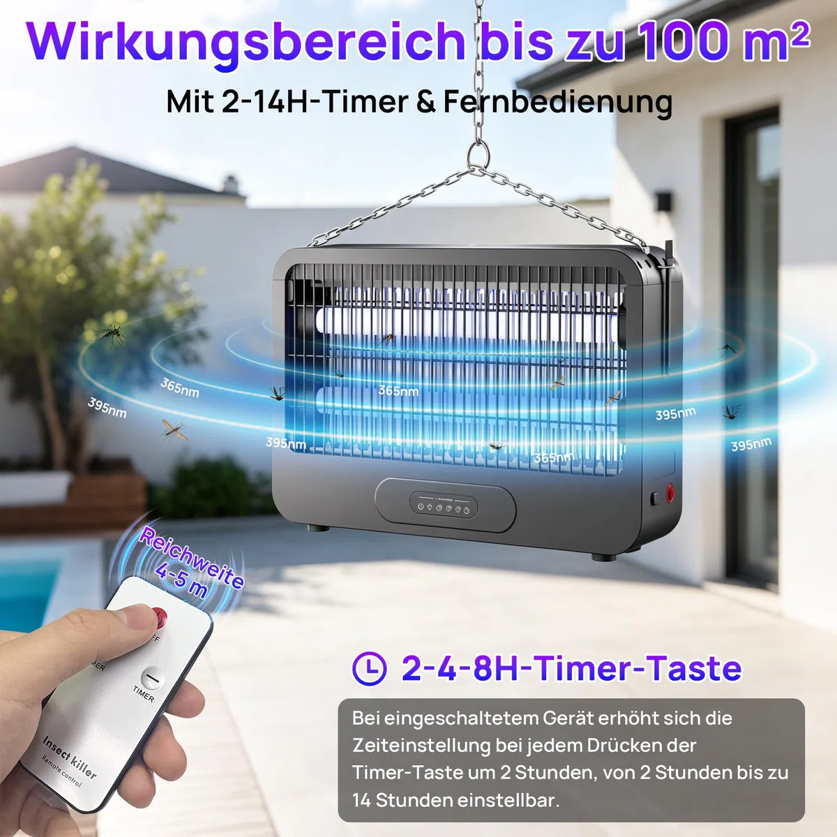Elektrischer Insektenvernichter 20W 3500V UV elektrische Fliegenfalle & Fliegenfänger mit Fernbedienung und Timer, Insektenfalle Mückenlampe für Innen, Küche, Wohnzimmer und Garten, 2 Ersatz-UV-Lampen