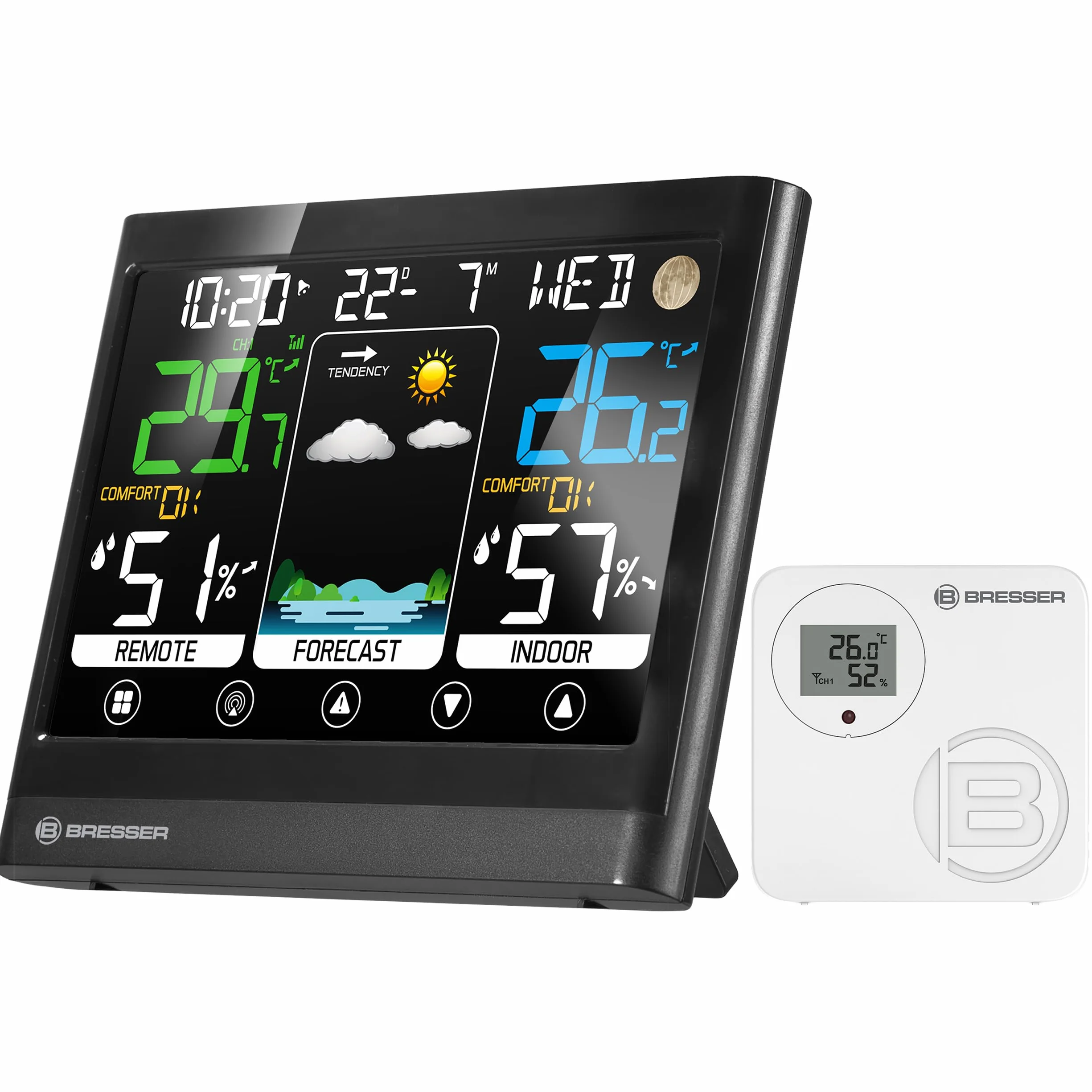 Bresser MeteoTemp BF Funk Wetterstation mit Touch-Display, Außensensor, Wettervorhersage, Raumklima-Indikator, Temperatur-, Luftfeuchtigkeit- und Empfang des DCF-Zeitsignals, Wecker