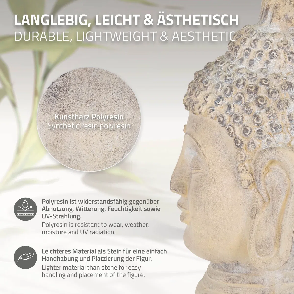ECD Germany Buddha Figur 55 cm Beige/Grau, Kunststein Polyresin, Kopf Statue Skulptur Dekofigur Feng Shui Kunststeinfigur Dekoration Gartenfigur Asien Dekorationsobjekt Steinfigur, für Haus und Garten