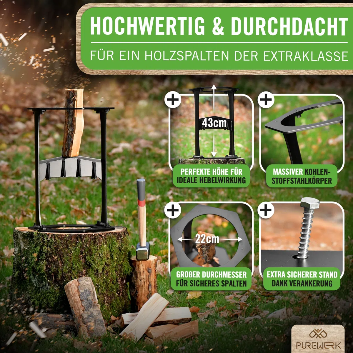 Holzspalter manuell [Ø 22 cm] - robuster Holz-Spalter für Anzündholz aus Kohlenstoffstahl mit extra-großem Durchmesser - inkl. Klingenschutz, Tasche & Zubehör zur Boden-Montage