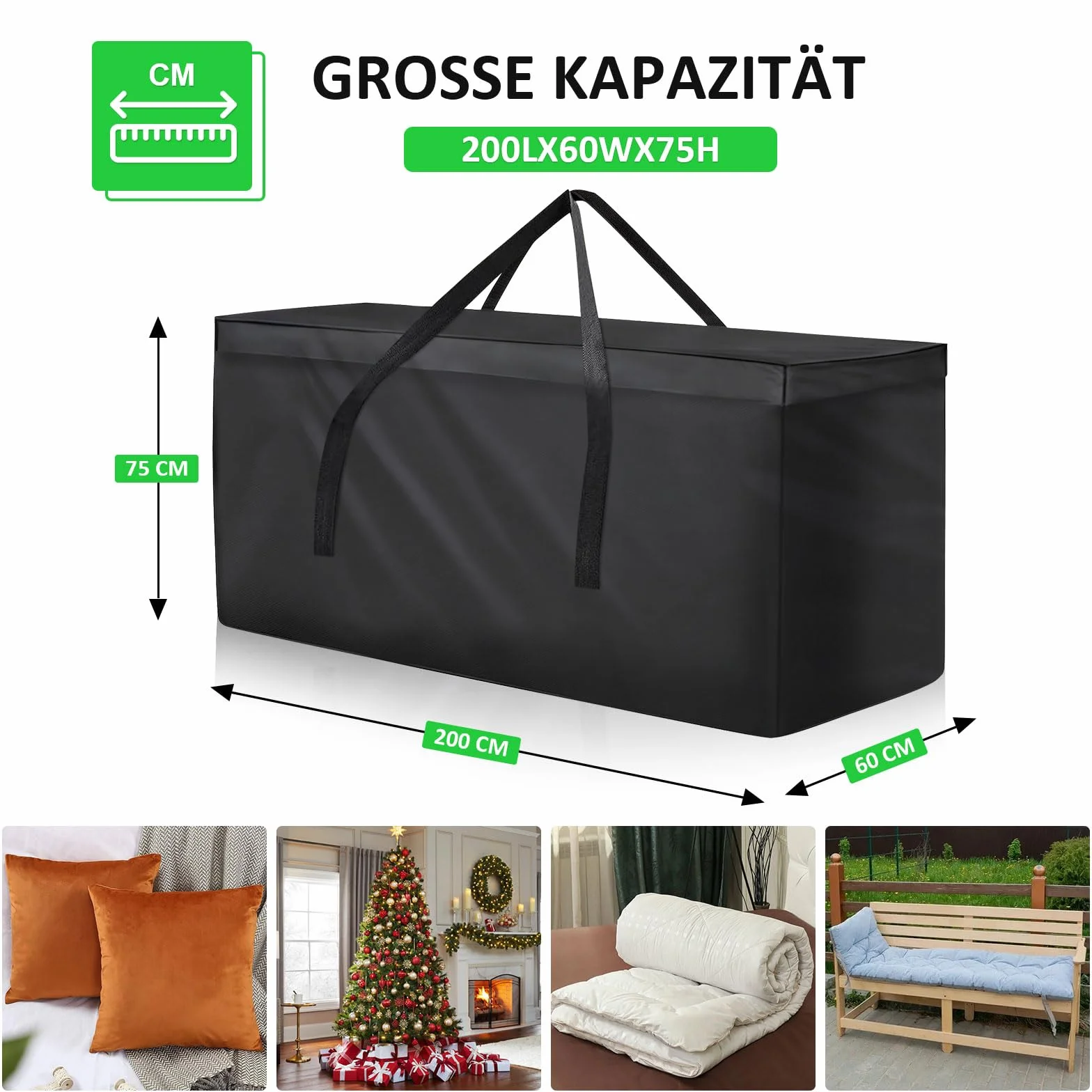 Aufbewahrungstasche Gartenauflagen, 600D Oxford, 200x60x75 cm | Reißfestes 600D Oxford, für Gartenmöbel Kissen und Polsterauflagen, wasserabweisend, Größe 200x60x75 cm