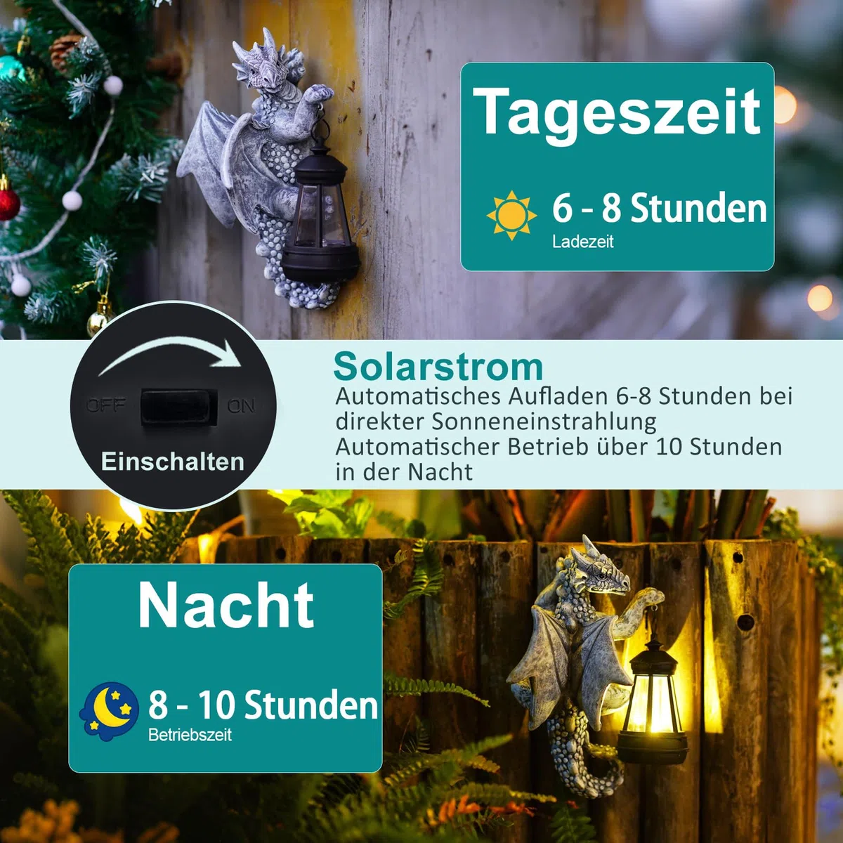 Yeomoo Drachen Figuren mit Solarlampen Baumstamm Gartendeko für Draußen: Lustige Drachen Gartenfiguren Deko mit LED Solar Lichterkette Aussen Geschenke für Männer/Frauen Garten Zaun Baum Zubehör Grau