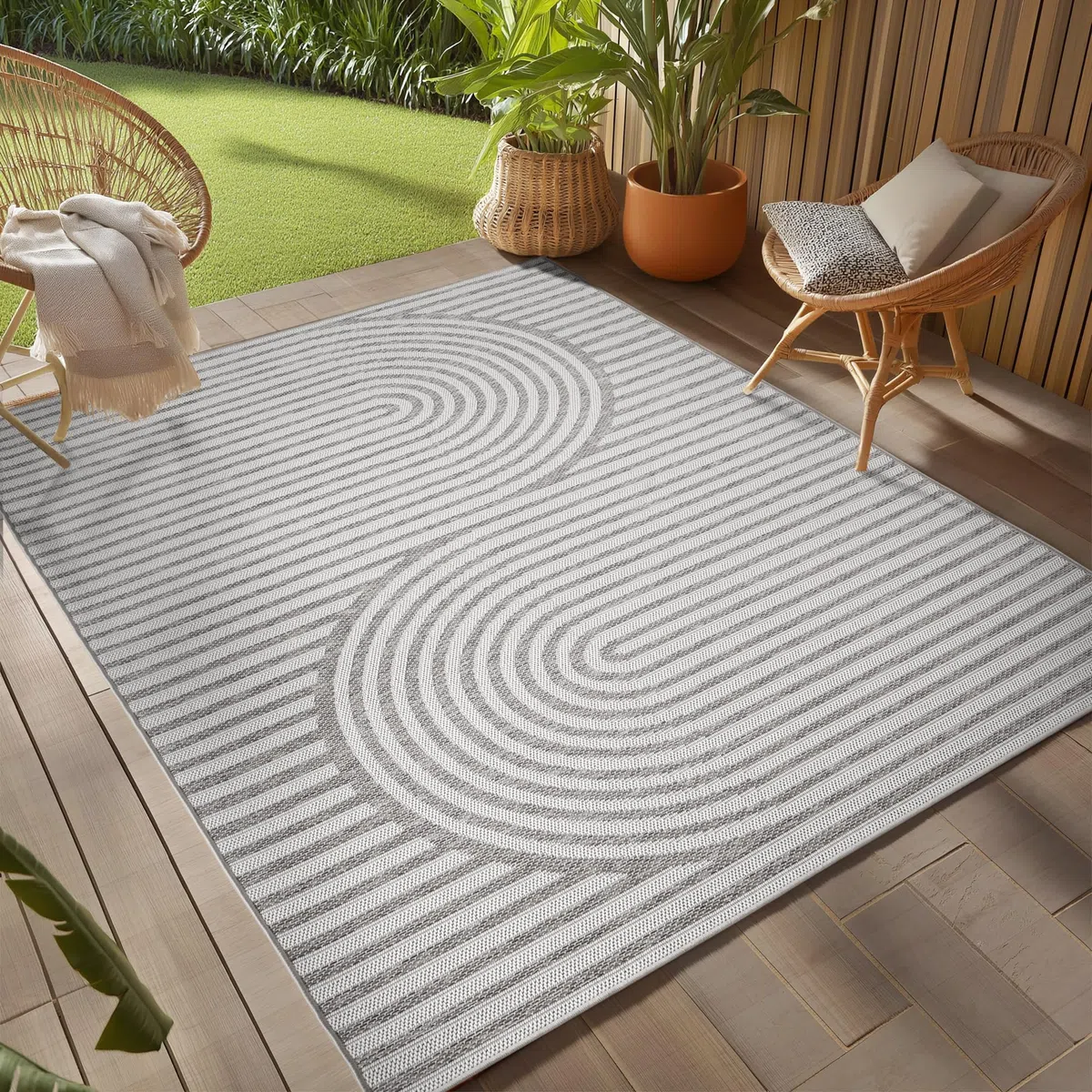 Teppium Outdoor Teppich Grau 160x230 cm, Wetterfest & UV-beständig, ideal für Küche, Balkon, Terrasse, Garten auch Wohnzimmer und Esszimmer, Skandinavisches Boho-Design
