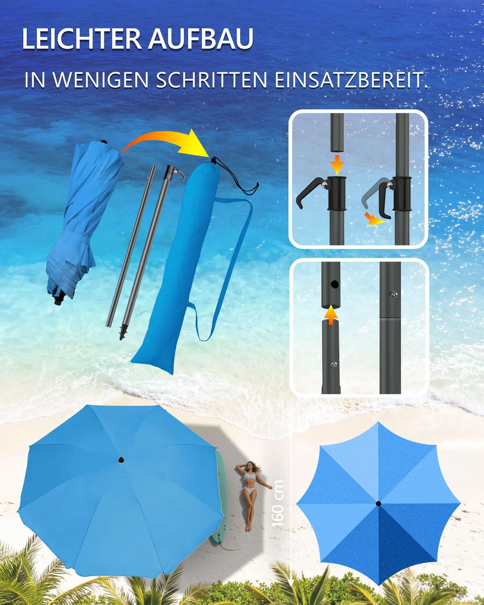 4smile Sonnenschirm Strand Ø 160 cm - UPF 50+ Praktischer Reise Sonnenschirm für Koffer - Funktioneller Strandschirm klein faltbar, kompakter Strandschirm koffertauglich