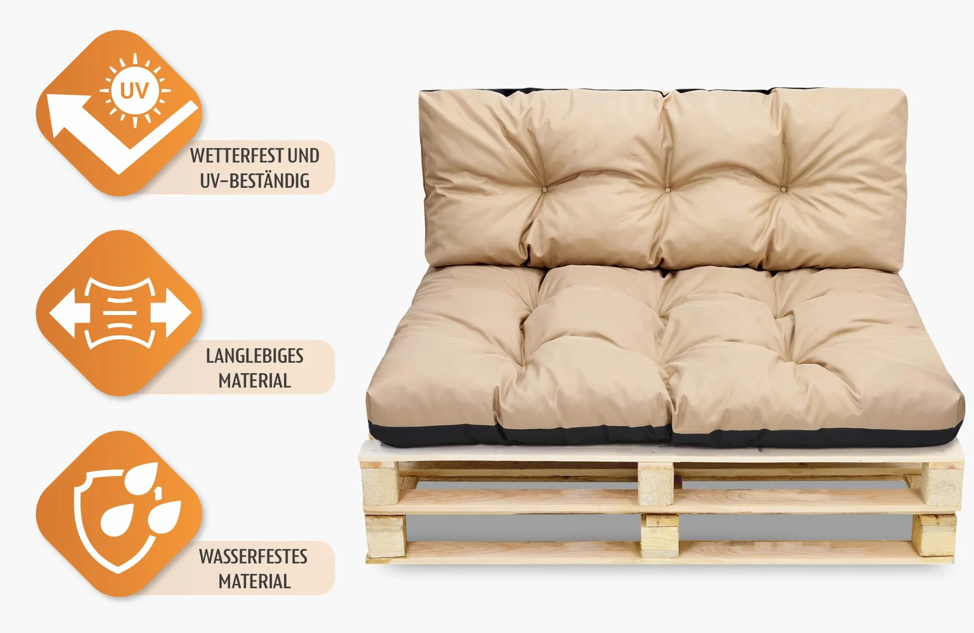 Amazinggirl Palettenkissen Outdoor Kissen Rückenkissen 120x40 cm - Auflagen für Paletten Europaletten Palettensofa und Palettenmöbel Palettenpolster 120 x 40 Beige