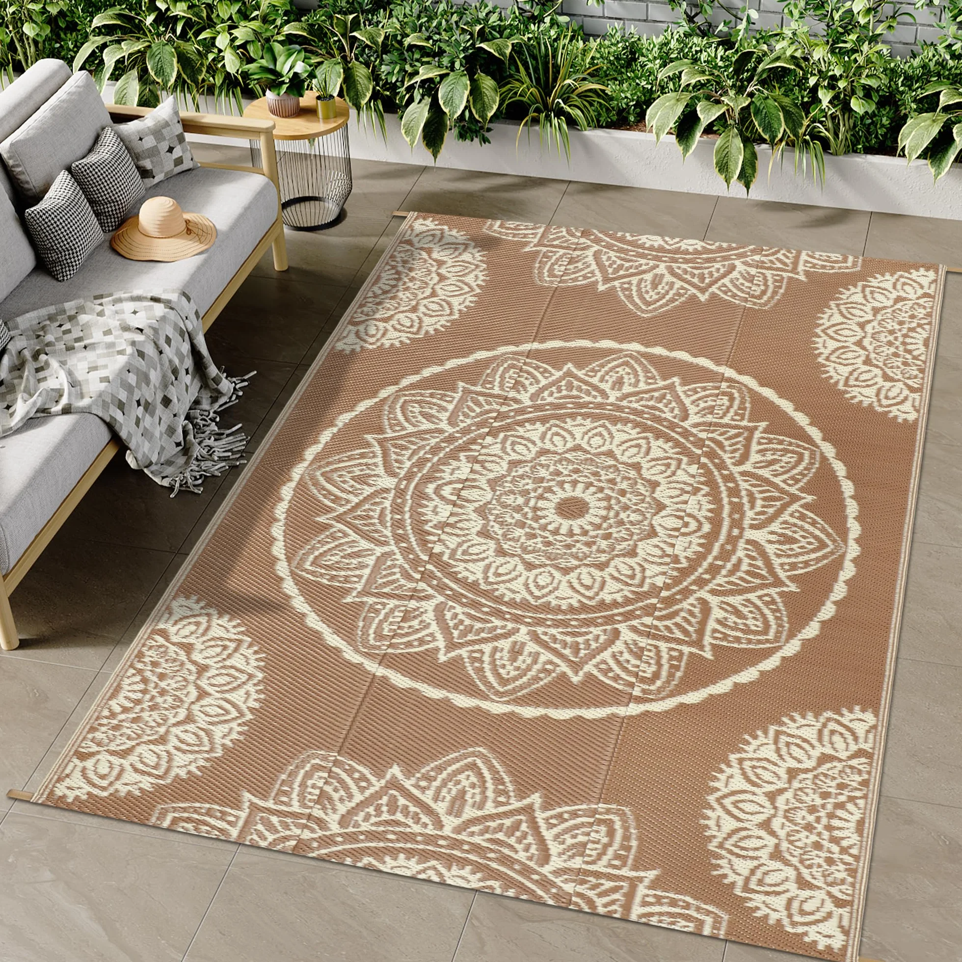 Famibay Outdoor Teppich Wetterfest 150x245cm Reversible Camping Teppich Outdoor Wasserfest Beige Braun Kunststoff Wendbar Leicht Outdoorteppich für Terrasse Garten Balkon Camping Innen Außen