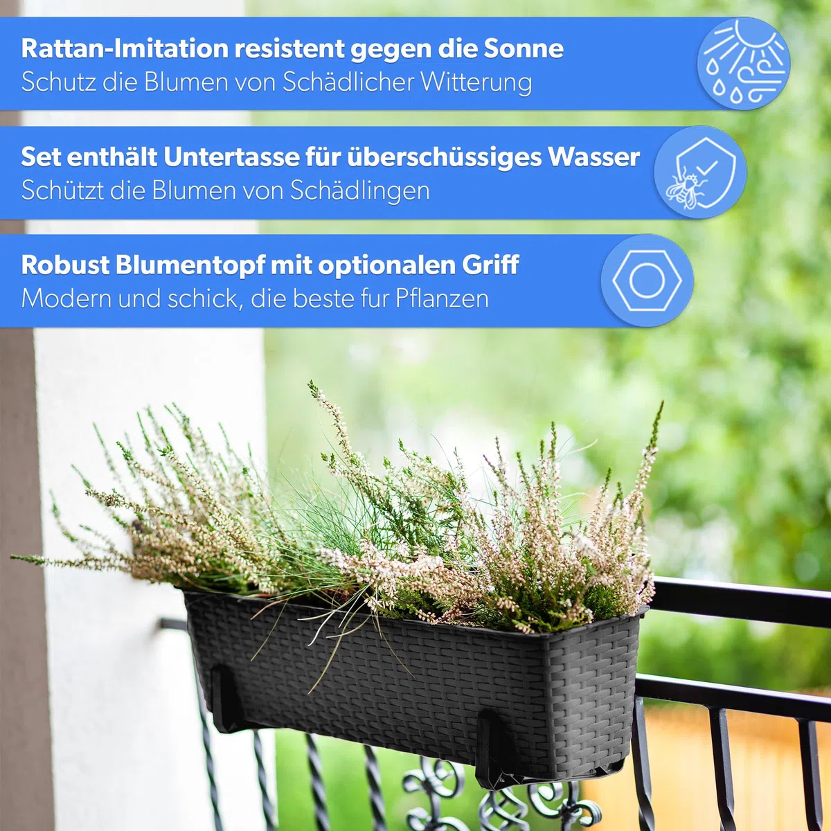 KADAX Blumenkasten 60 cm 3er Set Balkonkasten – Kunststoff Pflanzkasten für Balkon & Garten, Anthrazit, Wetterfest & Stabil, Ideal für Blumen & Kräuter