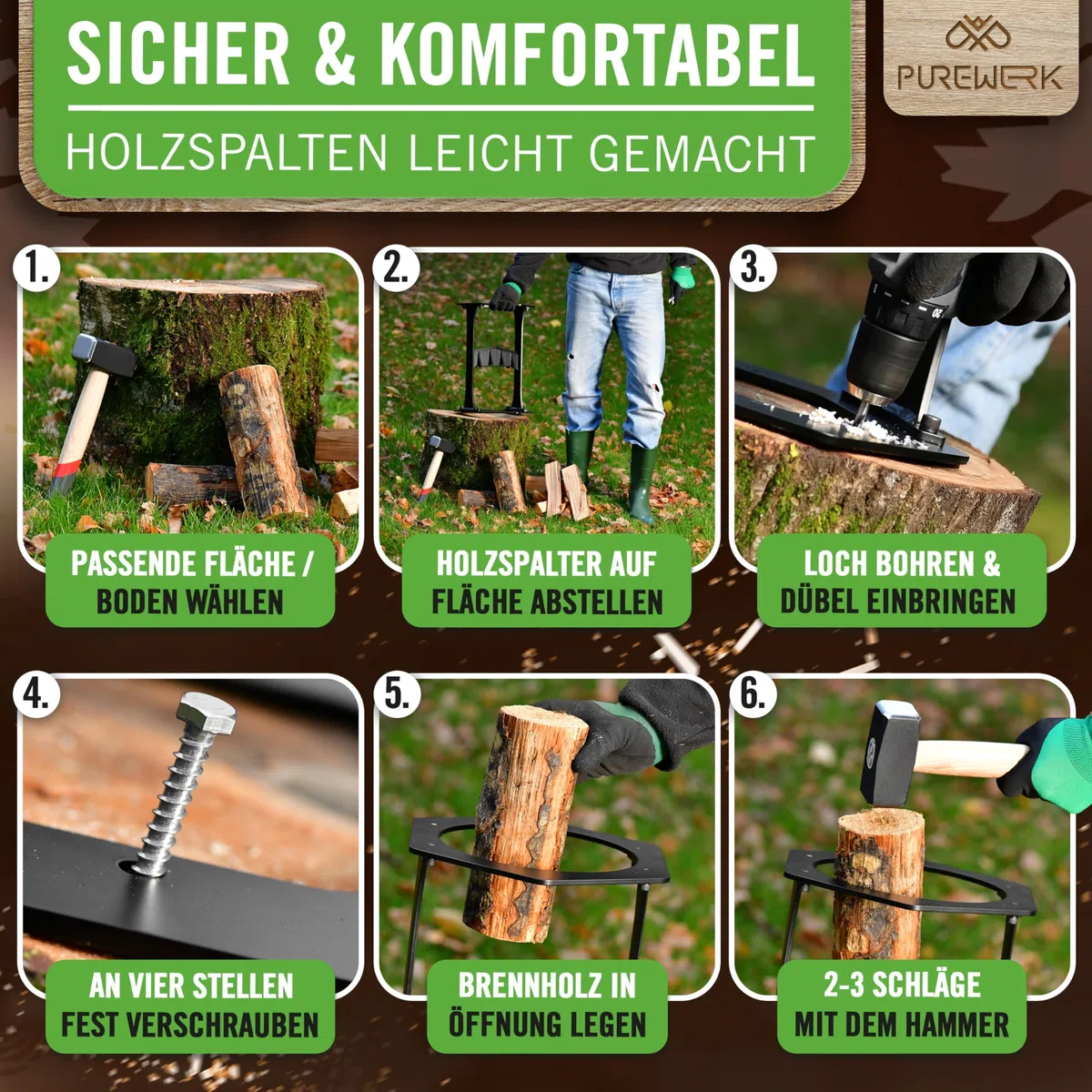 Holzspalter manuell [Ø 22 cm] - robuster Holz-Spalter für Anzündholz aus Kohlenstoffstahl mit extra-großem Durchmesser - inkl. Klingenschutz, Tasche & Zubehör zur Boden-Montage