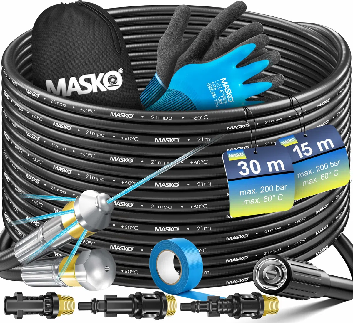 MASKO Rohrreinigungsschlauch Set 15m 200 bar kompatibel mit Kärcher K2-K7 LAVOR Hochdruckreiniger