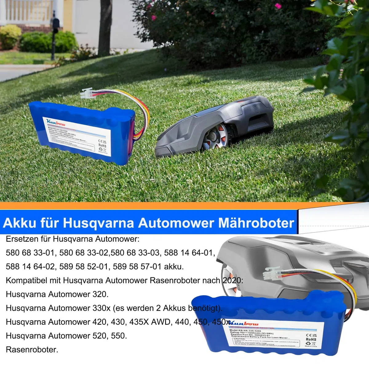 5200mAh Mähroboter akku,Ersatzakku für Husqvarna Automower 320, 330X, 420, 430, 430X, 440, 450X, 520, 550 Rasenroboter,Ersatz für 580 68 33-01,580 68 33-02 Akku. (18V/93.6Wh)