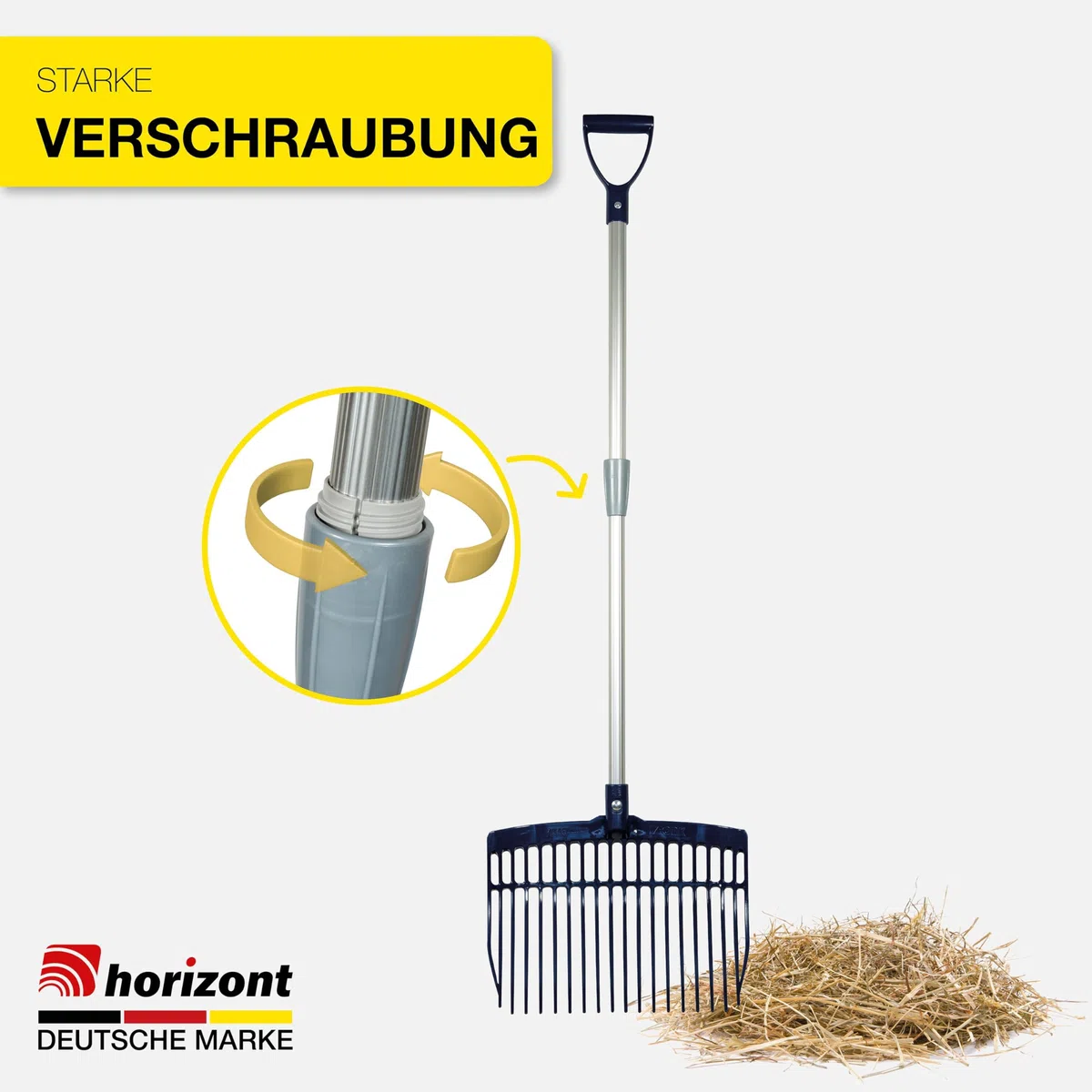 horizont Schwedengabel mit verstellbarem Aluminiumstiel 75–115 cm, Mistgabel für Kinder & Erwachsene, leichte stabile Dunggabel, ergonomisch & wetterfest, Heugabel Kinder, Bollengabel