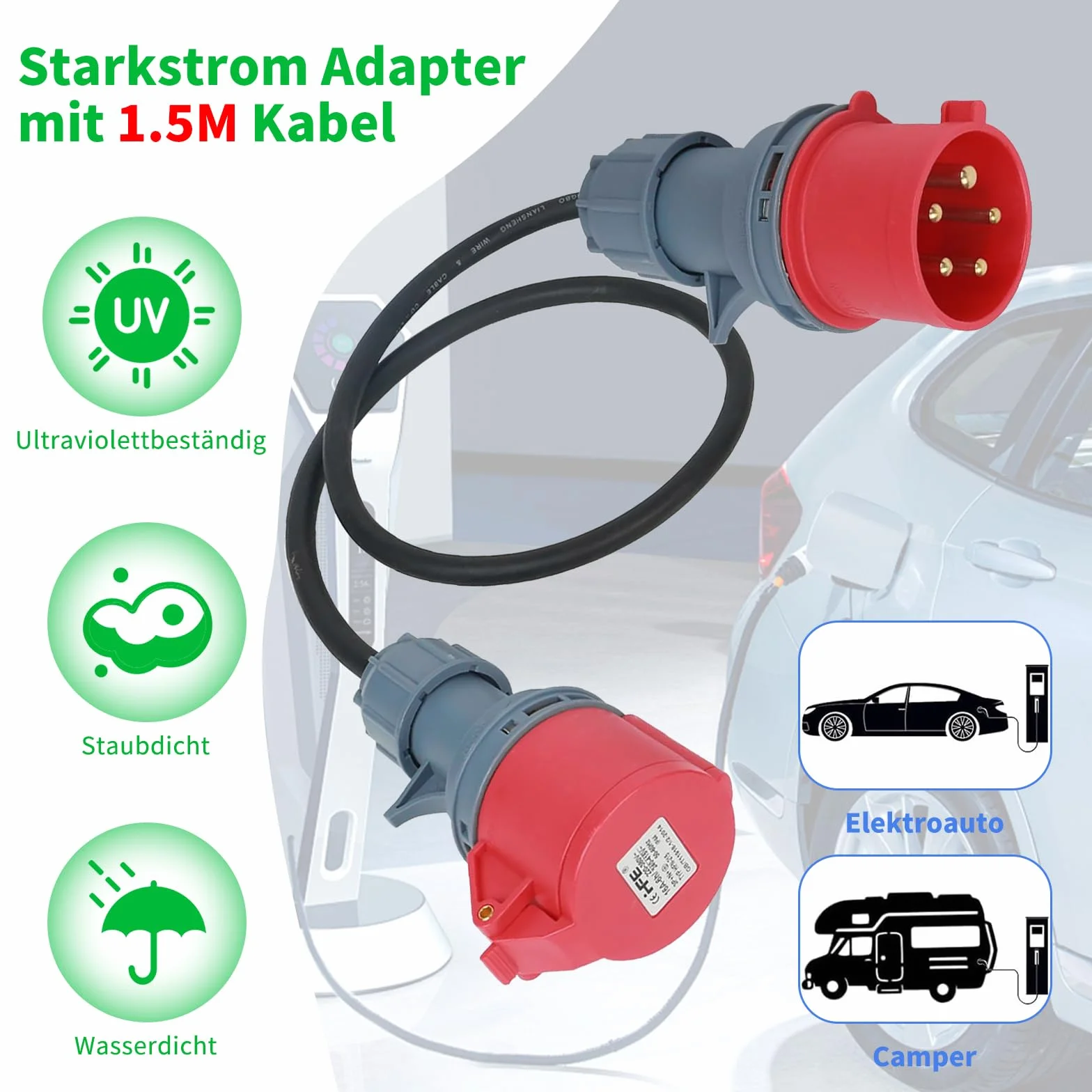 Adapter 32A auf 16A, 1.5M CEE Adapter Kabel, Starkstrom Adapter, CEE 3-Phasen & 5-Polig Stecker Verlängerungskabel, wasserdicht IP44, 16 auf 32A Stecker für Industrie, Haushalt, Caravan, Camping