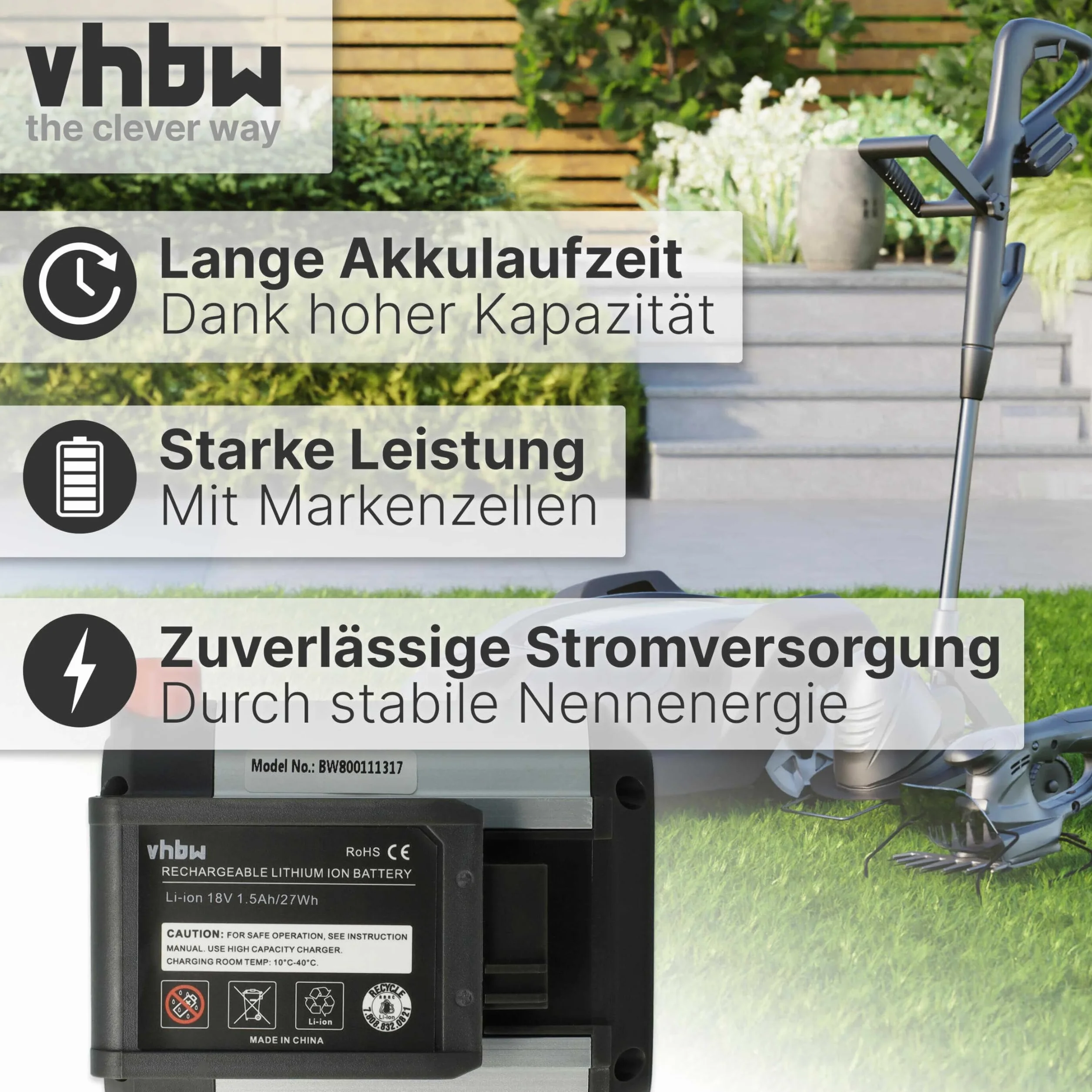 vhbw Akku kompatibel mit Gardena Akku-Rasenmäher PowerMax Li-18/32 & Allround Bläser AccuJet Li-18 Ersatz für BLi-18 (9840-20, 9839-20) - (Li-Ion, 1500mAh, 18V)
