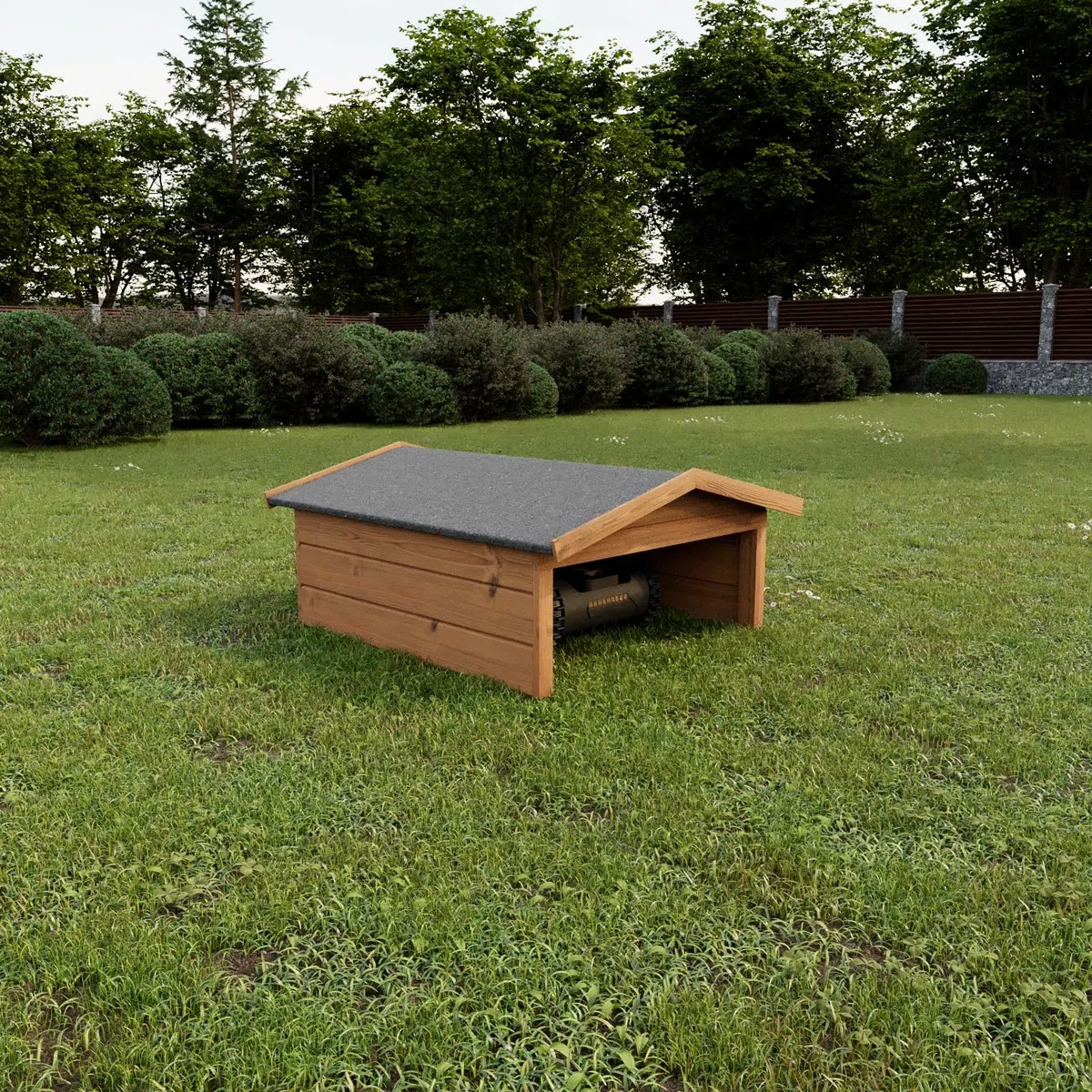 QLS Mähroboter Garage aus Kiefernholz 100 x 90 cm wetterfest Braun | Schützt Mähroboter vor Regen und Sonne, mit wasserabweisender Imprägnierung und Dach aus Teerpappe für den Außenbereich