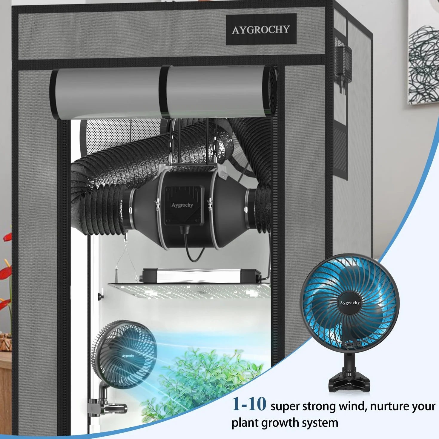 Aygrochy Ventilator Grow mit Clip, EC-Motoren 10 Geschwindigkeiten grow lüfter für Grow Zelte, IP-44, für Umluft und Kühlung im Indoor Grow, Manuelle Oszillierender.