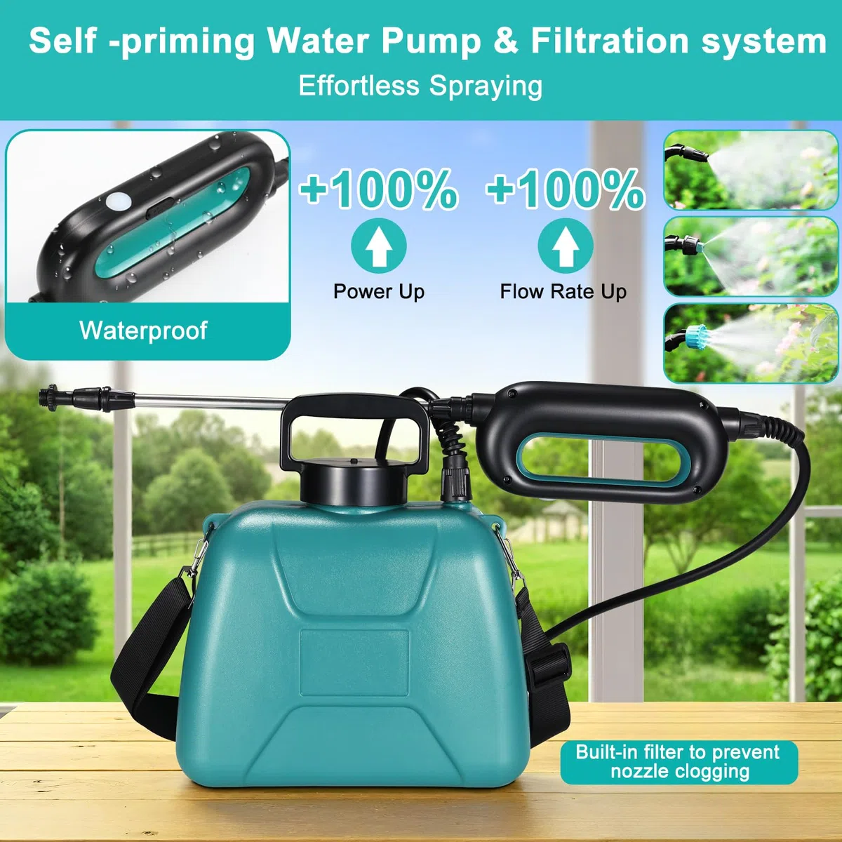 TLGREEN Drucksprüher 5L, 7.4V Stärker Elektrischer Pflanzensprüher, mit 3 Düsen & Verstellbarer Schultergurt, USB-aufladbarem Griff mit Teleskopstab für Gartenspritze, Unkrautspritze & Wassersprüher